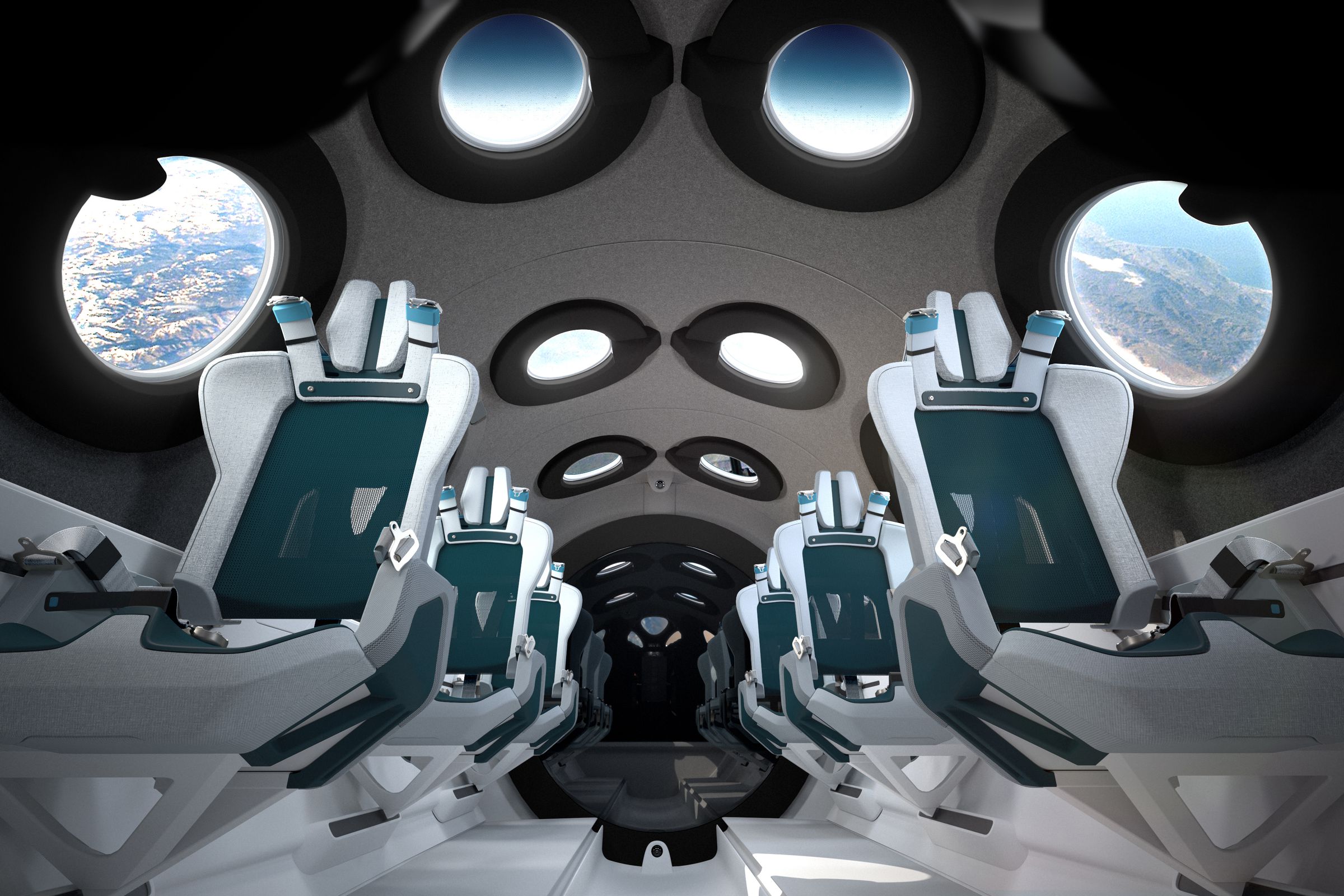 An artistic rendering of the interior cabin of VSS Unity.