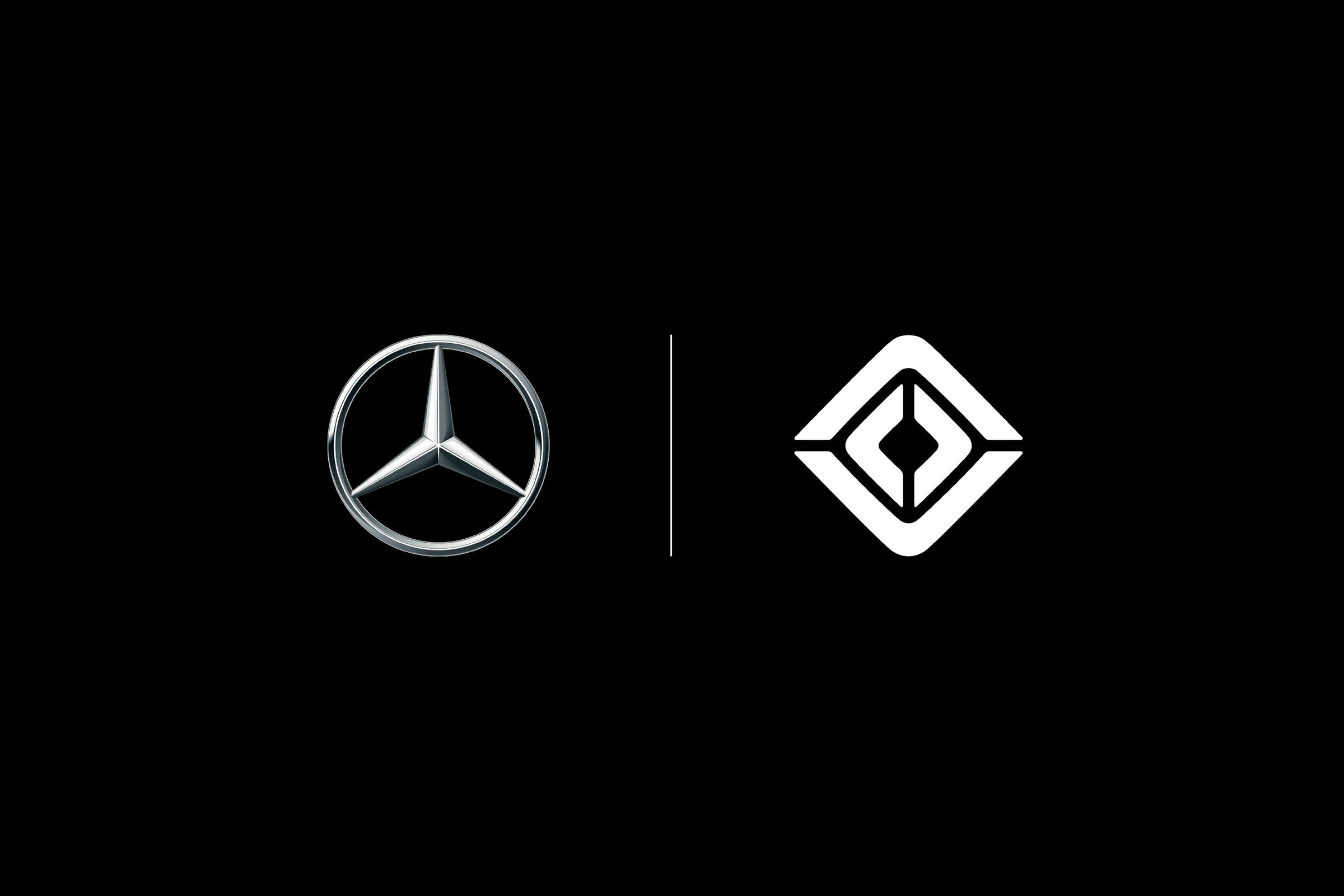 Chrome Mercedes-Benz logo next to a white Rivian logo in front of a black backdrop