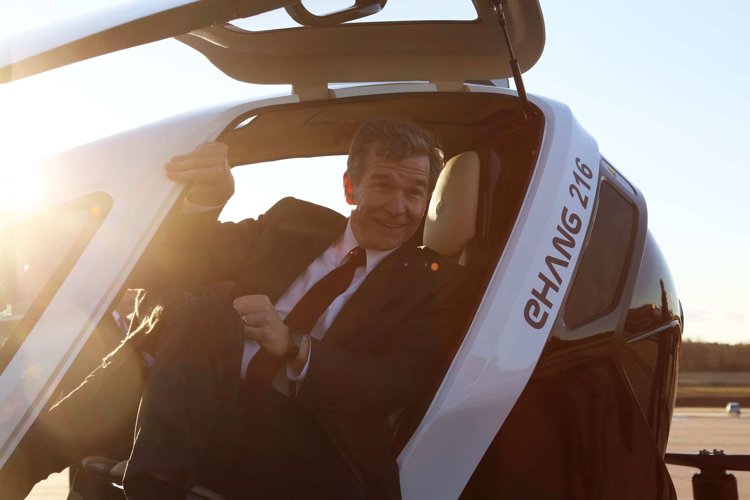 North Carolina Governor Roy Cooper in the cockpit of the EH 216