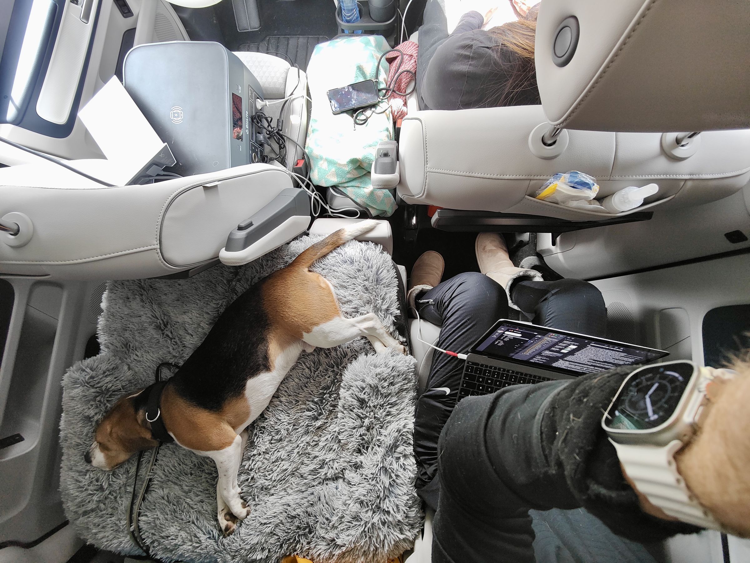 The office configuration when it’s raining — the reality of #vanlife.