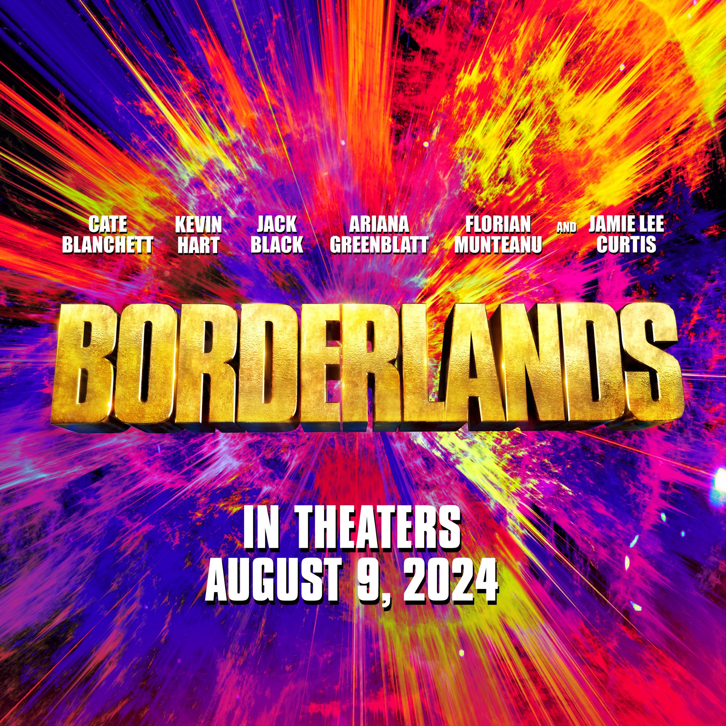 An image about the Borderlands movie that includes the film’s release date and starring actors.