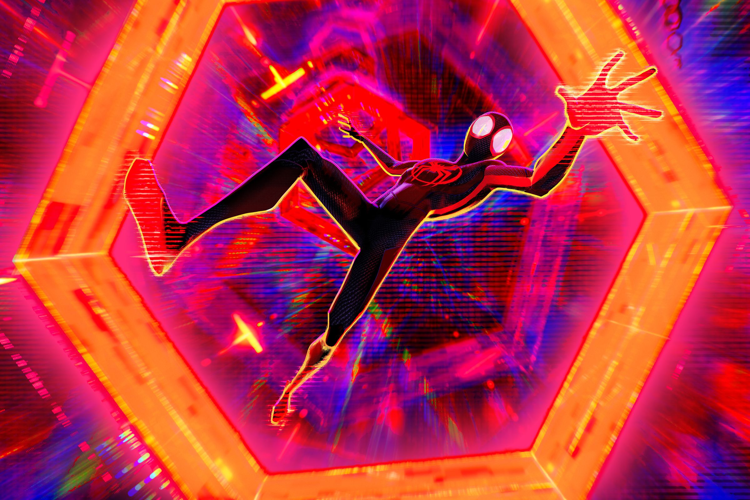 Miles Morales in his Spider-Man suit either falling through or being sucked into a hexagonal vortex made of glowing orange, red, and blue light.