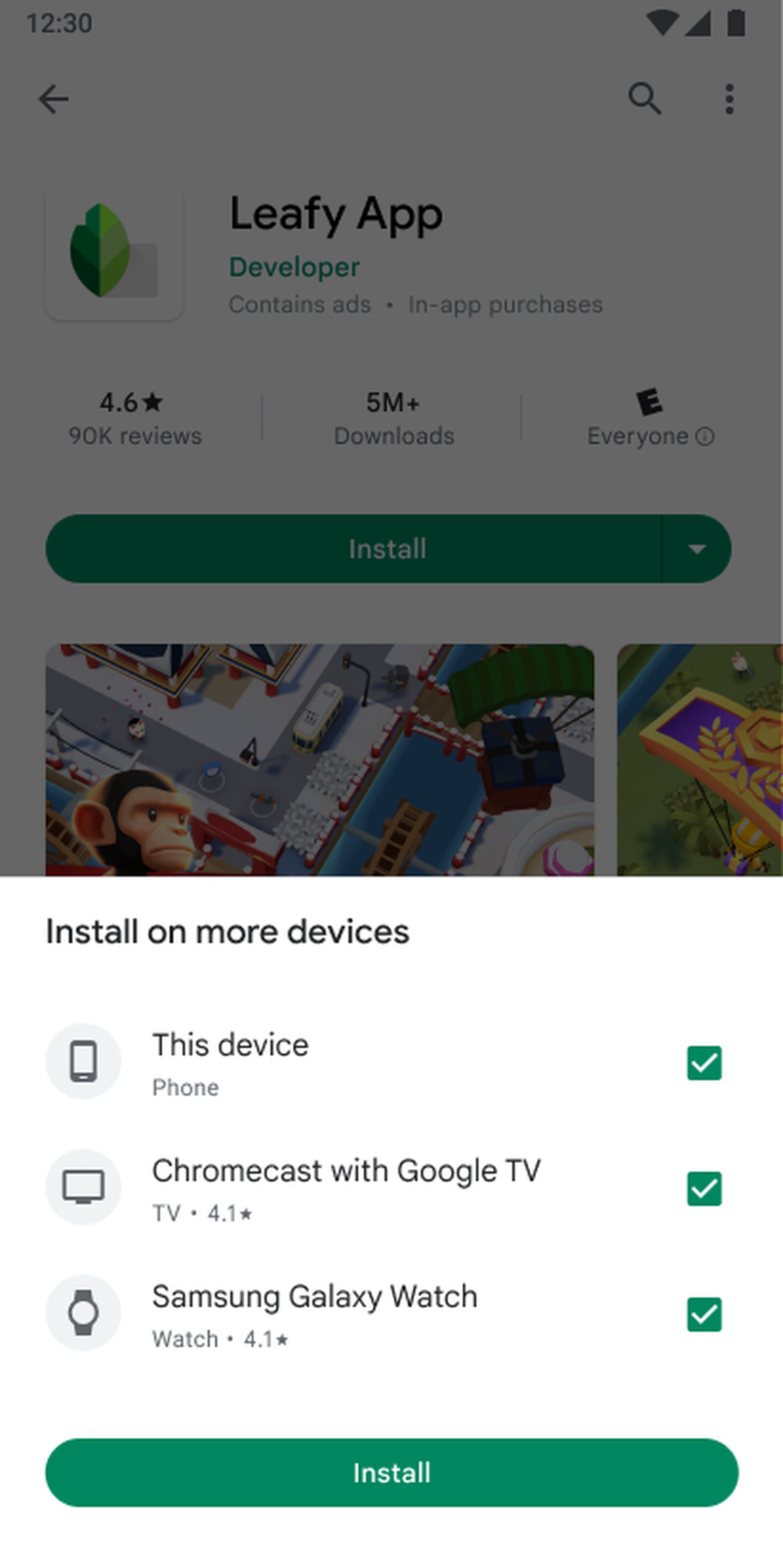 A screenshot showing one Google Play app being installed across multiple device types.