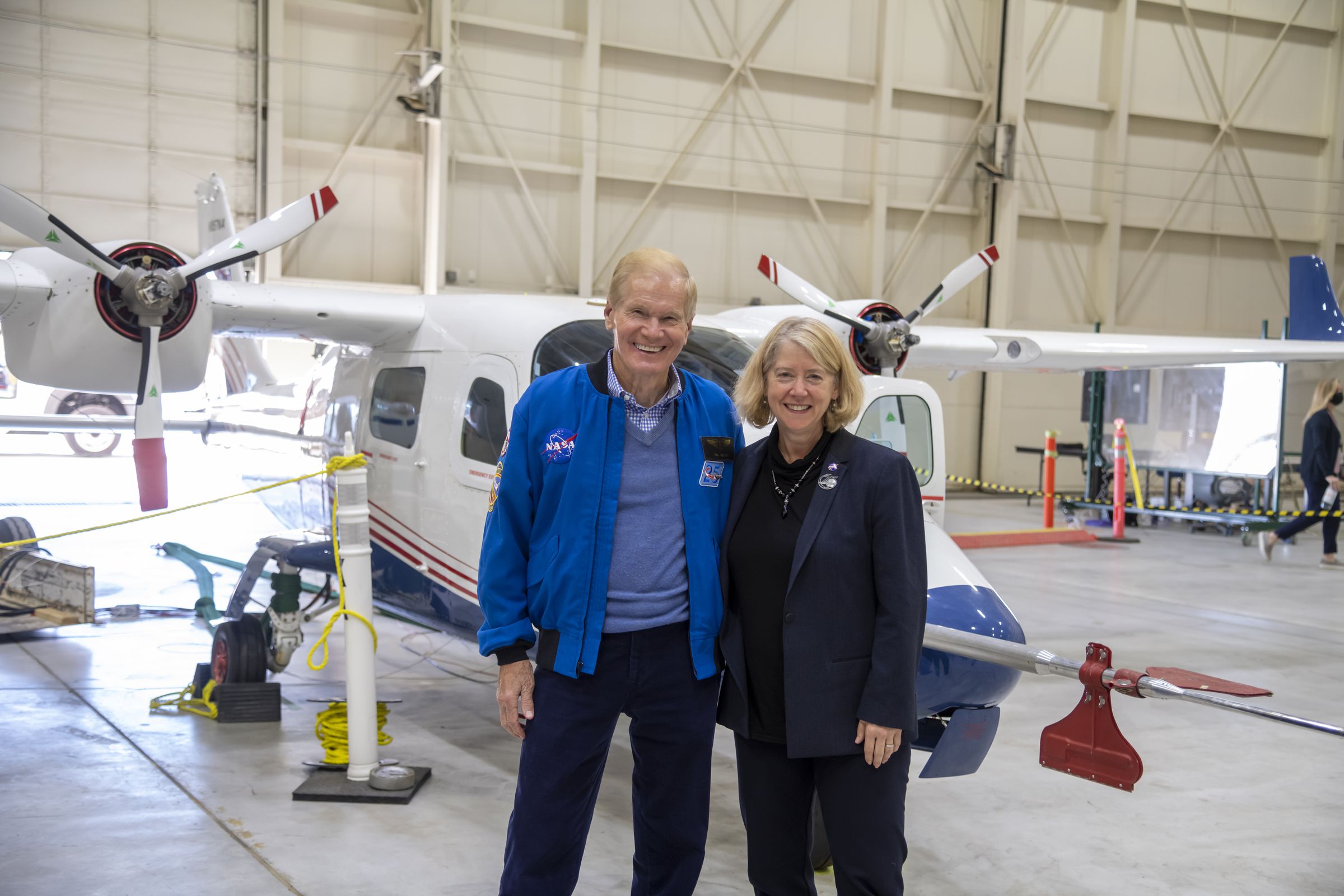 NASA Administrator Bill Nelson and Deputy Administrator Pam Melroy in front of the X-57 Maxwell
