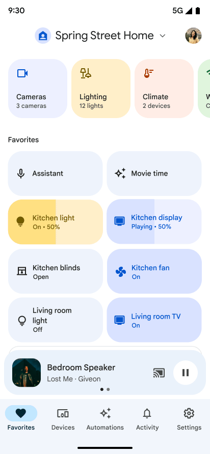 A floating media player shows in the app when any Google Home device is playing music or video.