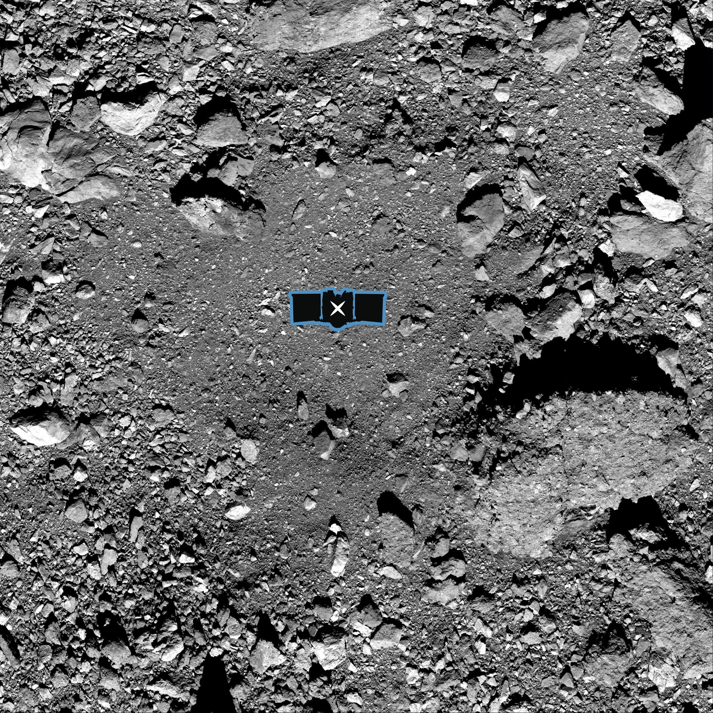 An image of the Nightingale crater, with a graphic of the OSIRIS-REx spacecraft’s size for scale