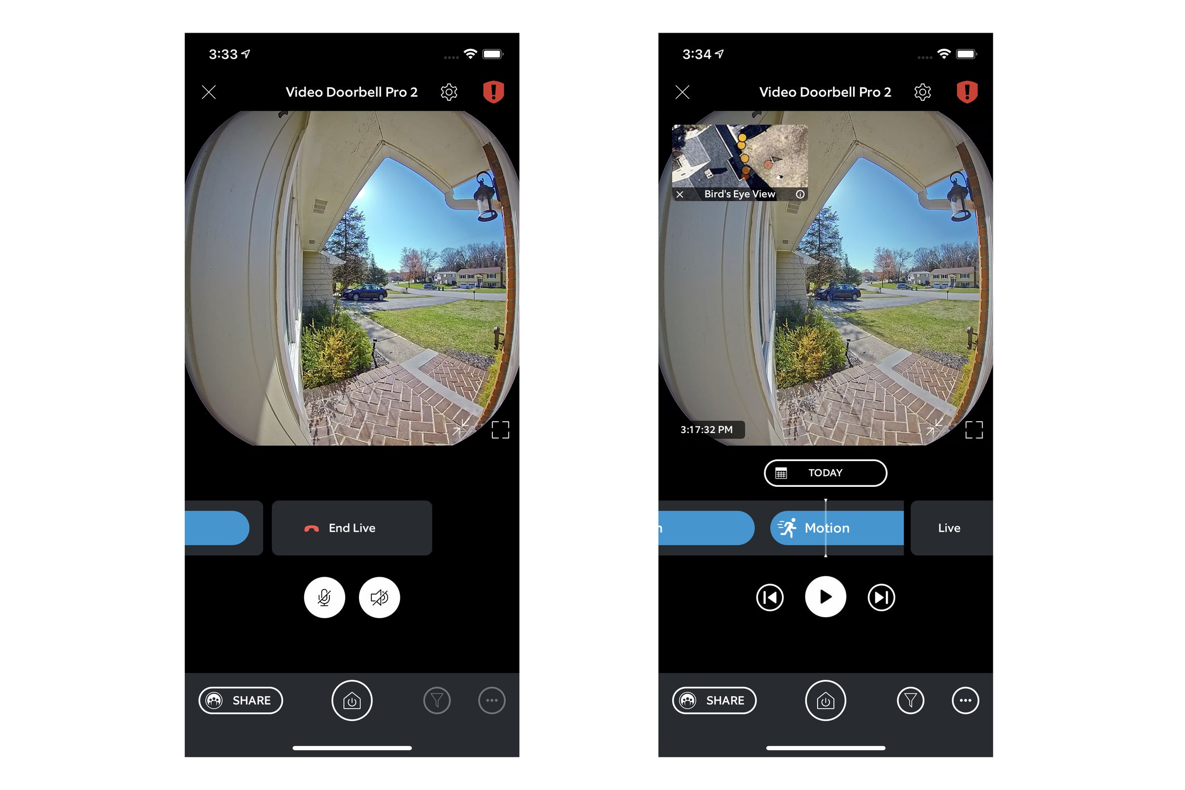 The Video Doorbell Pro 2 shows more of my front porch than other doorbells. The new 3D Motion Detection feature provides the bird’s-eye view of movement on my property, seen in the right image.
