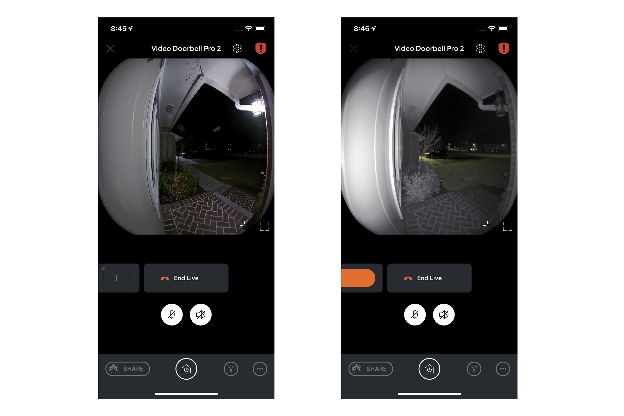 The Video Doorbell Pro 2 has a traditional grayscale infrared night mode (right), but if you have enough light, it will fall back to its color feed at night (left).