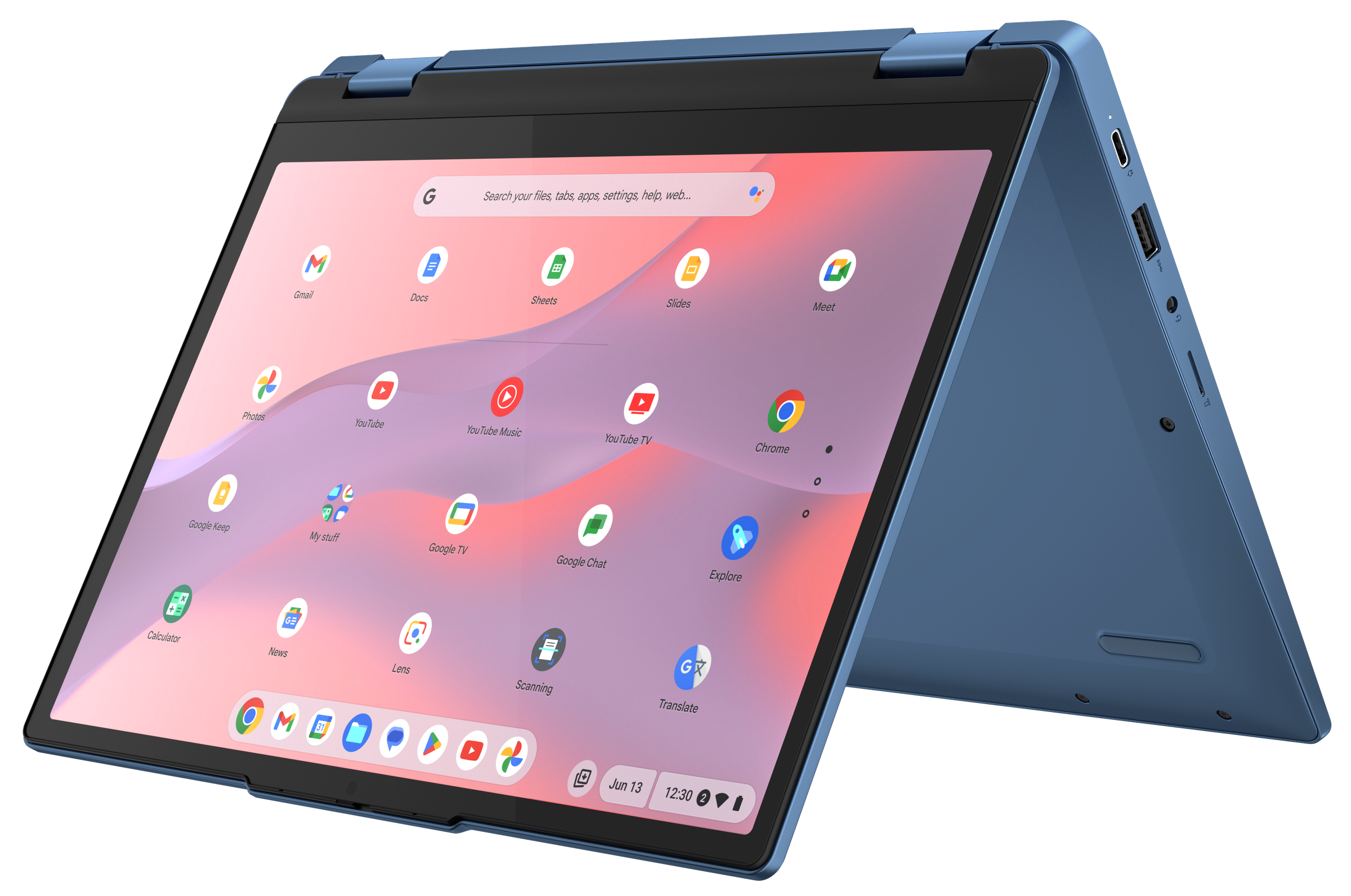The Abyss Blue Lenovo Ideapad Flex 3i in tent mode, displaying the Chrome OS Launcher.