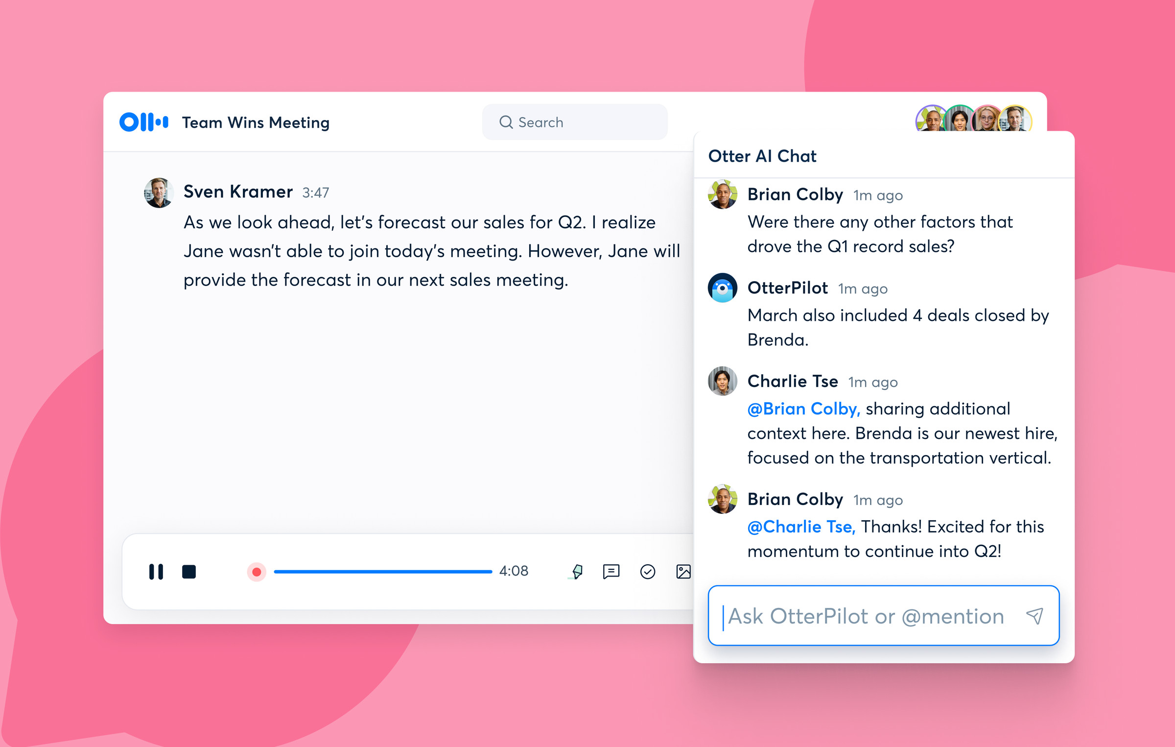 A screenshot of the Otter Chat AI feature being used by a team to discuss sales and hiring information.