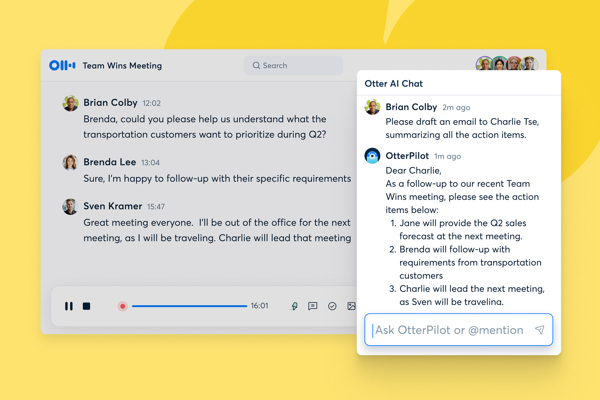 A screenshot of the Otter Chat AI features being used to generate email copy based on information from a meeting it attended.