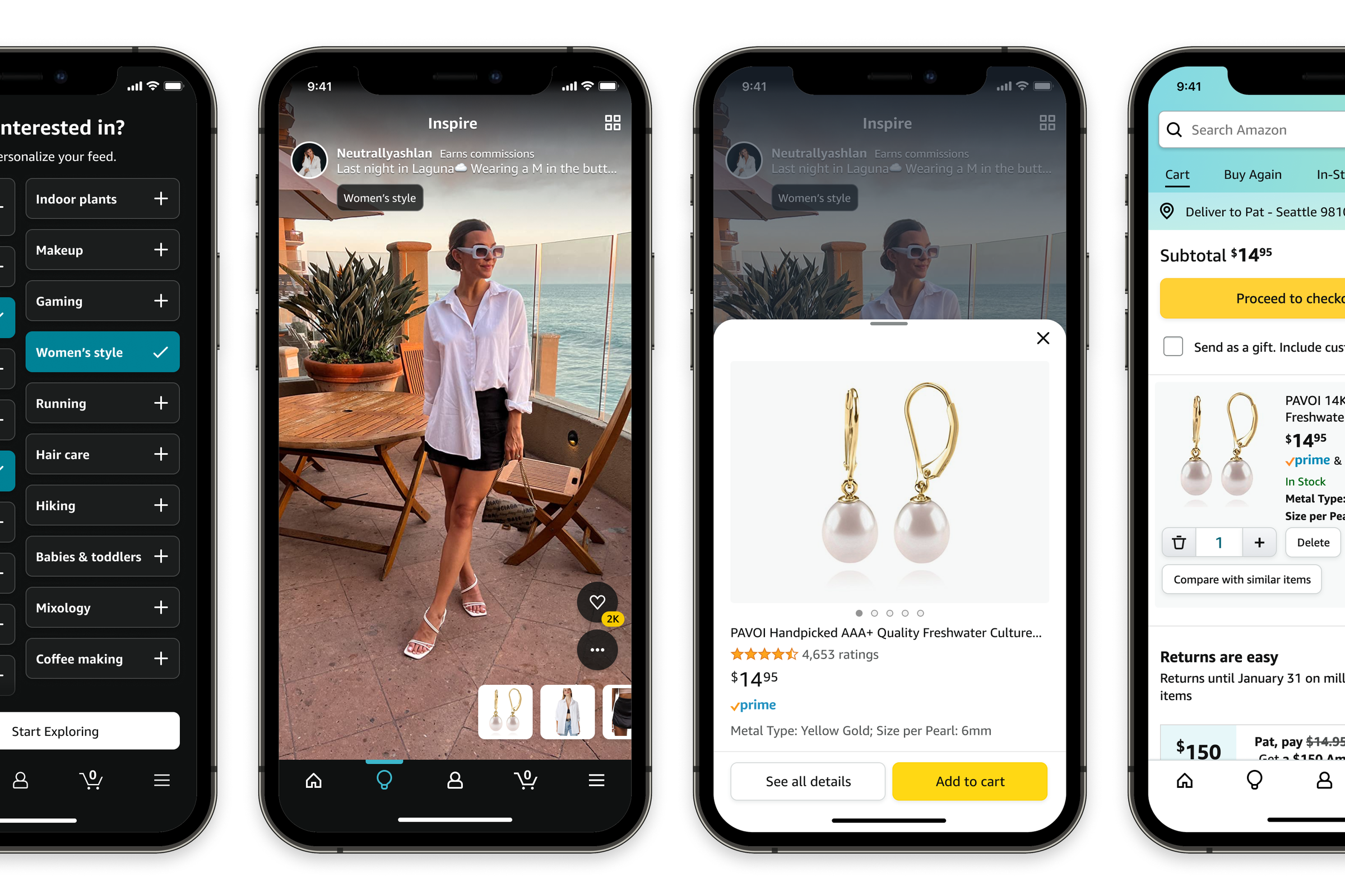 Four phone screens showing how the Amazon feed will work. Users can click topics/categories they’re interested in, scroll a feed of pictures and images, and make purchases directly.