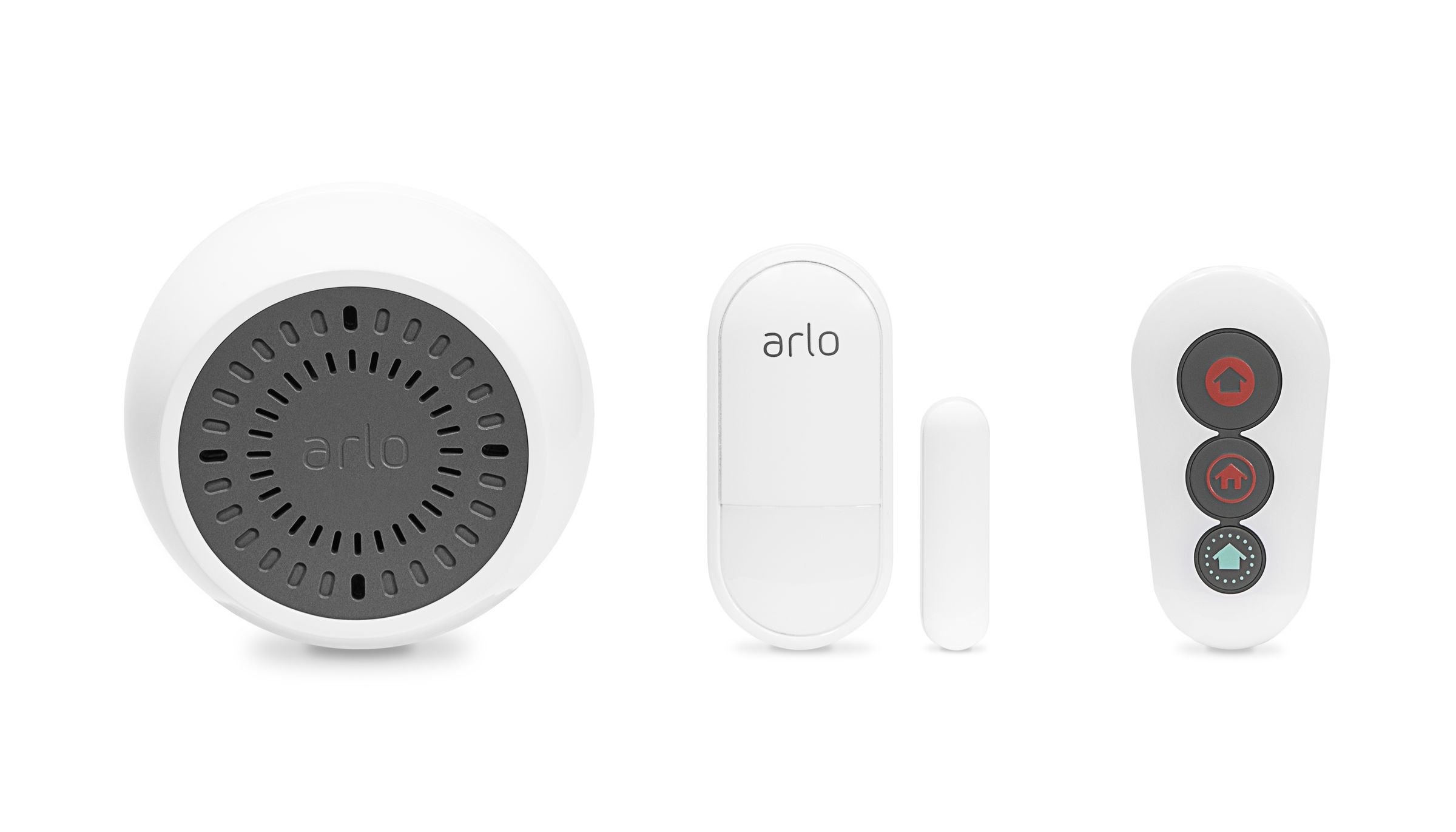 From left to right, the Arlo Security System’s Siren,  its multi-purpose sensor, and its remote control.