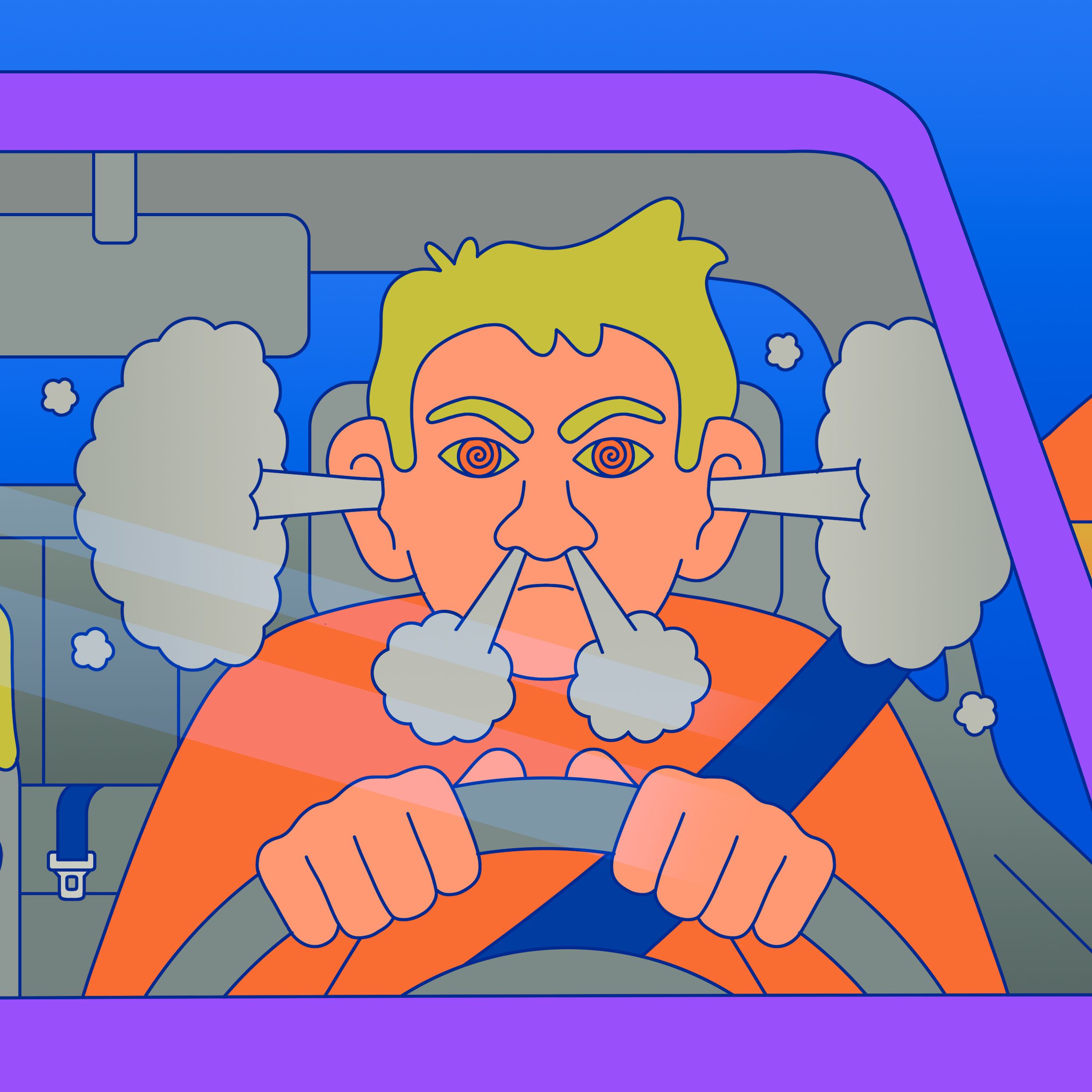 Illustration of a person with steam blowing out of their ears during a long distance move.