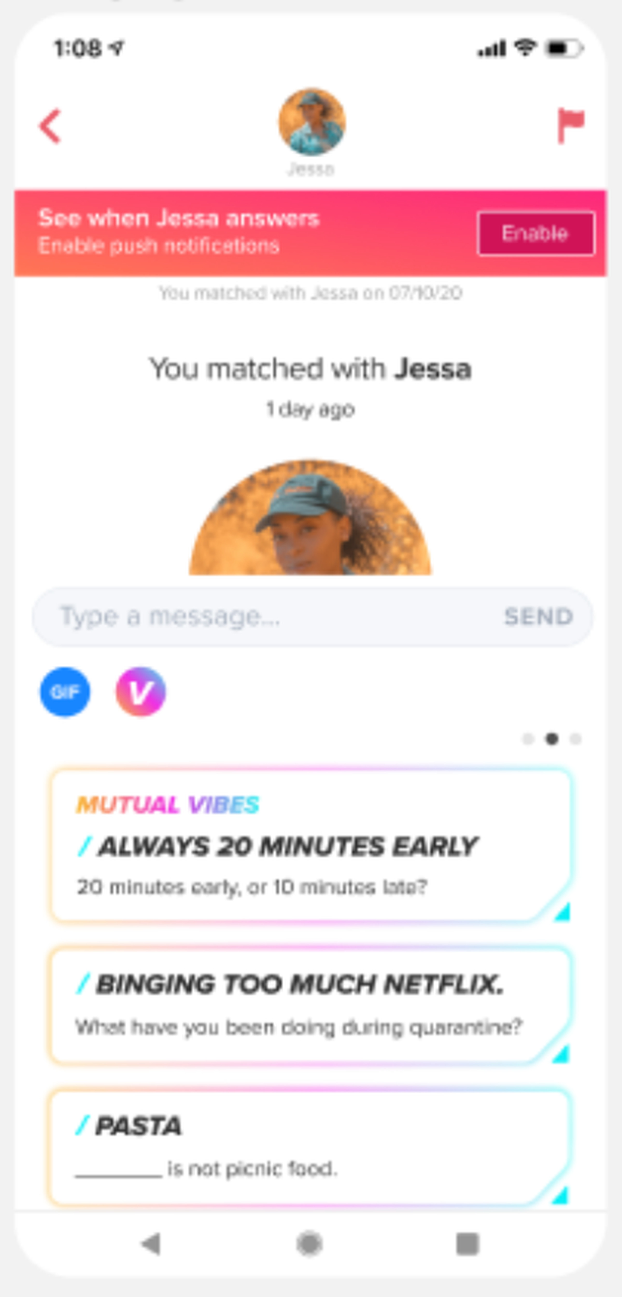 Tinder showing common Vibes answers in a chat.