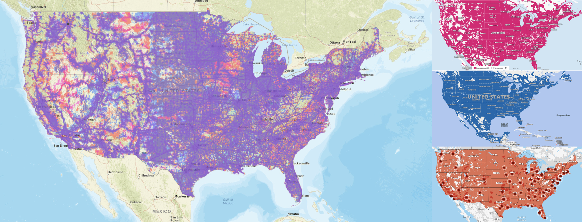 The FCC’s map (left) versus T-Mobile (right, top), AT&T (right, middle), and Verizon’s (right, bottom).
