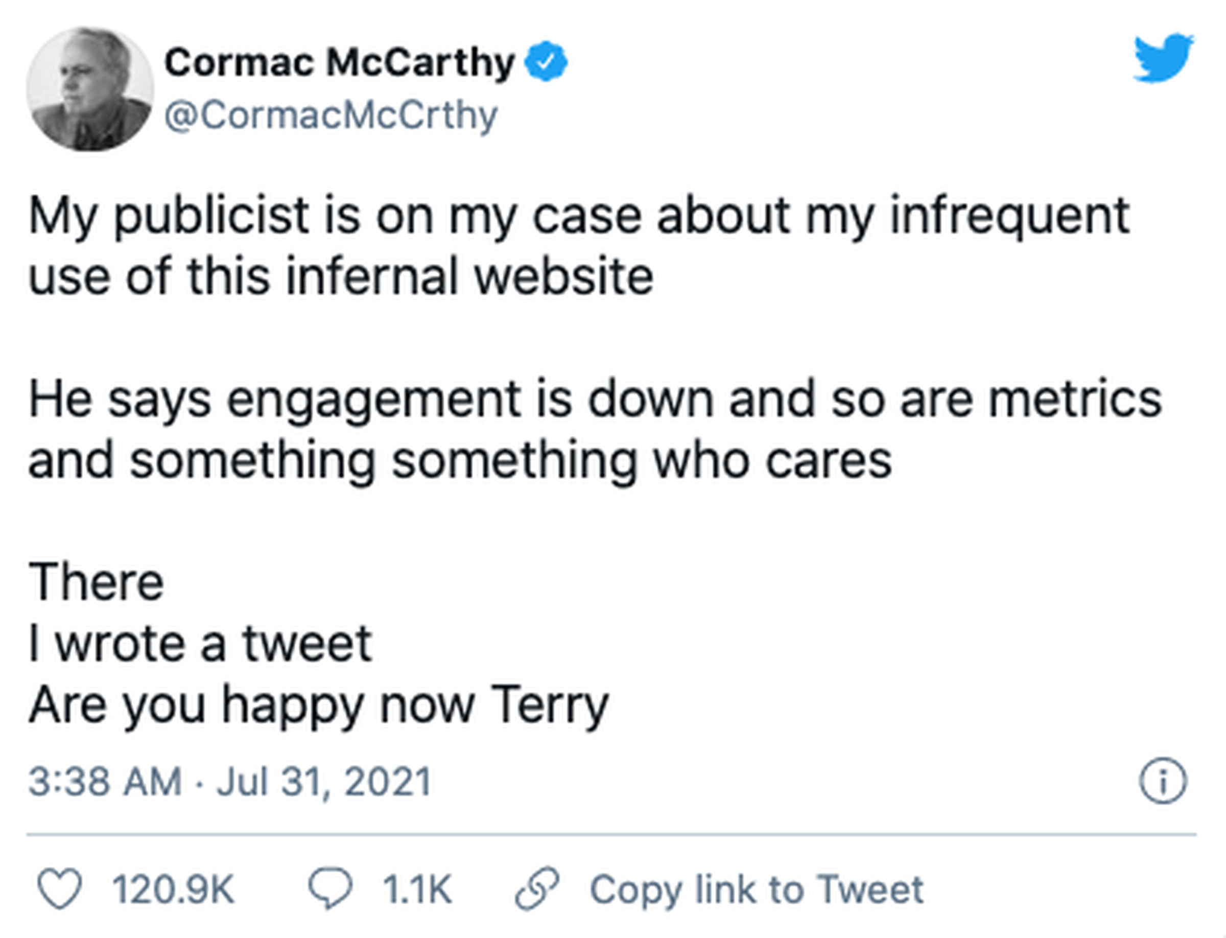 A tweet from the Cormac McCarthy account when it was verified earlier today. 