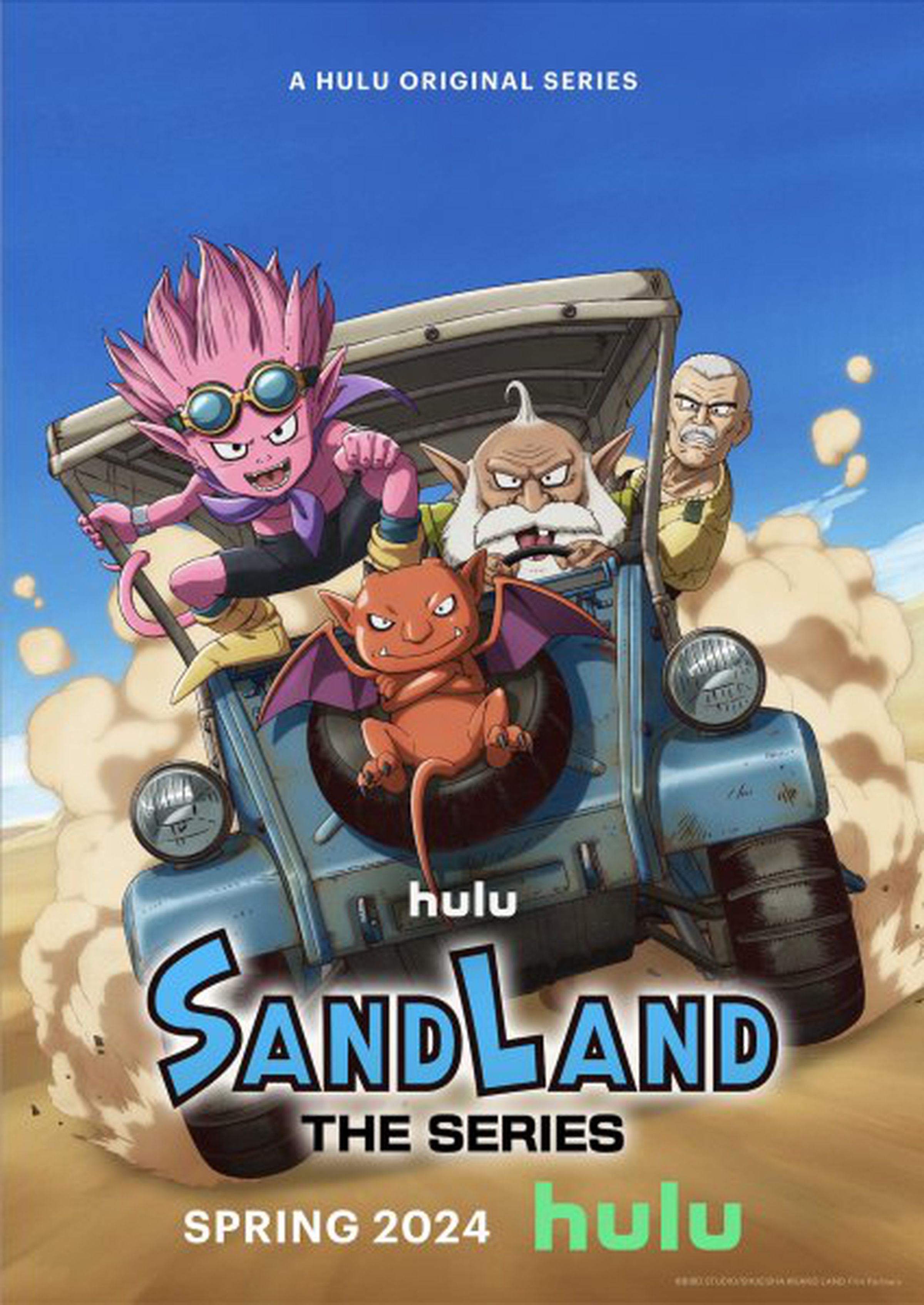Promotional artwork for the Sand Land TV show, with characters riding a dune buggy-like vehicle through the desert.