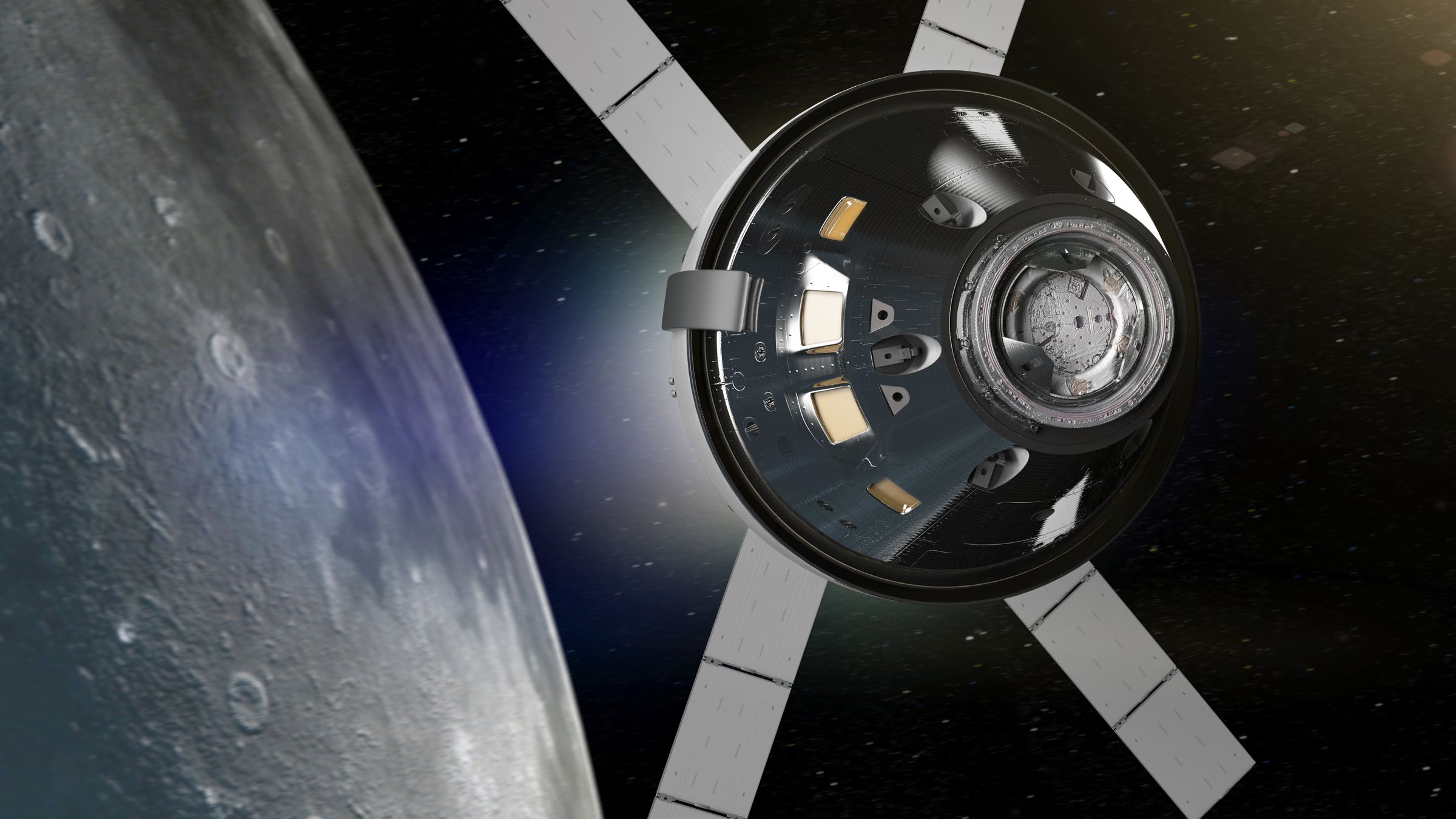 An artistic rendering of the Orion crew capsule in space