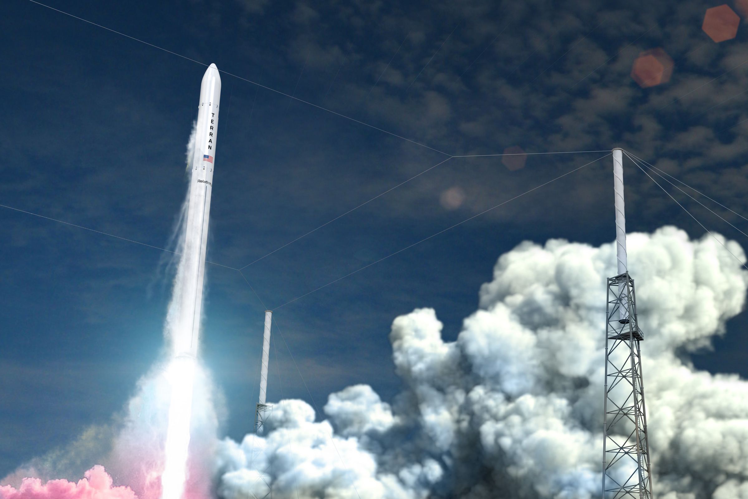 A rendering of what Relativity Space’s rocket will look like, launching from LC-16.
