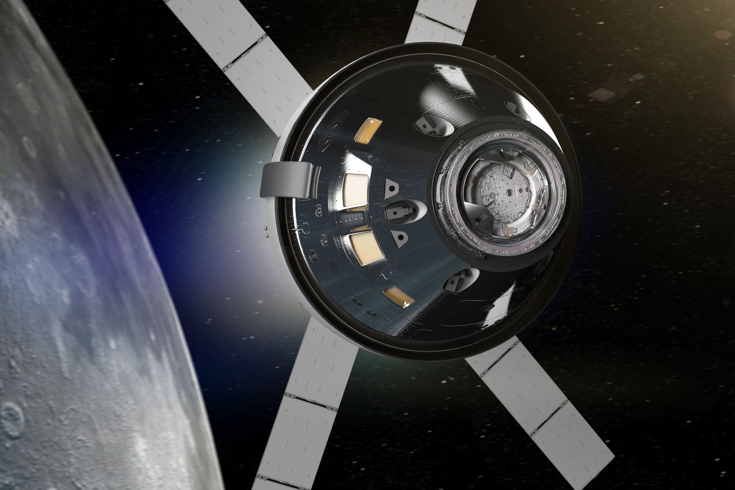 An artistic rendering of NASA’s Orion capsule flying by the Moon.