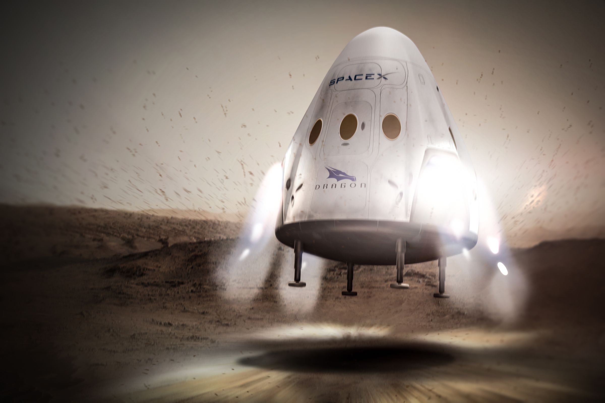 A rendering of SpaceX’s Dragon capsule landing on Mars.