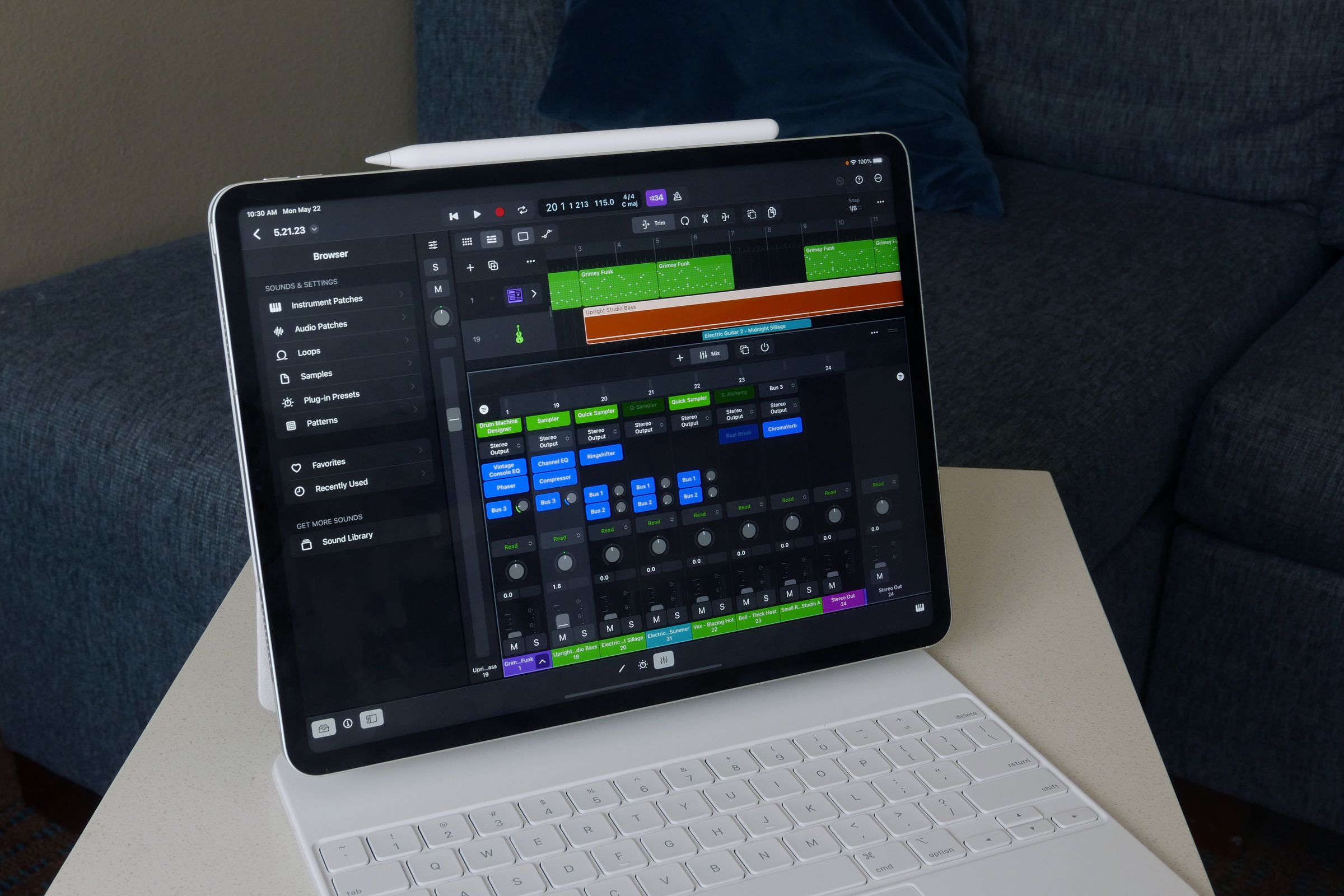 Logic Pro open on an iPad Pro and Magic Keyboard