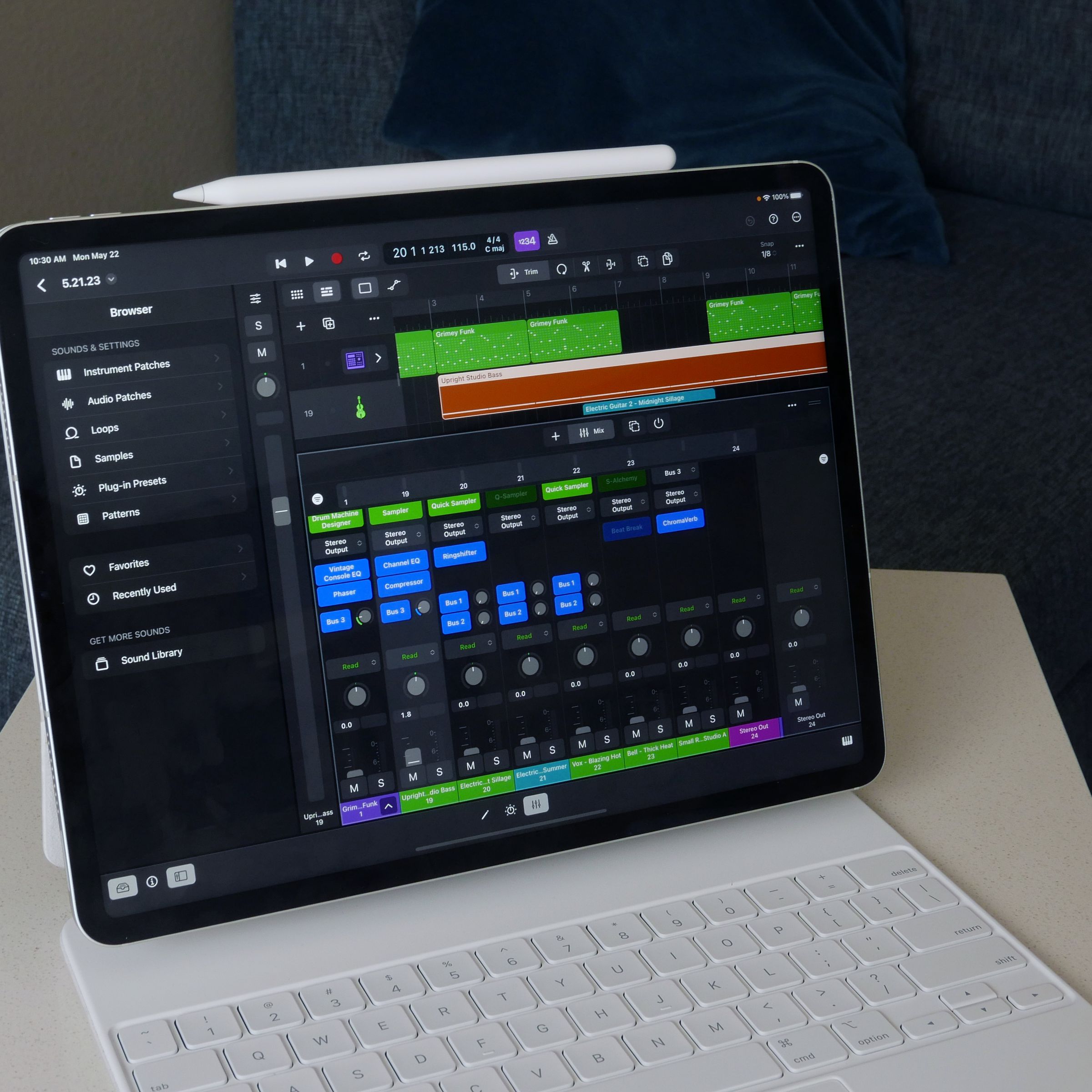 Logic Pro open on an iPad Pro and Magic Keyboard