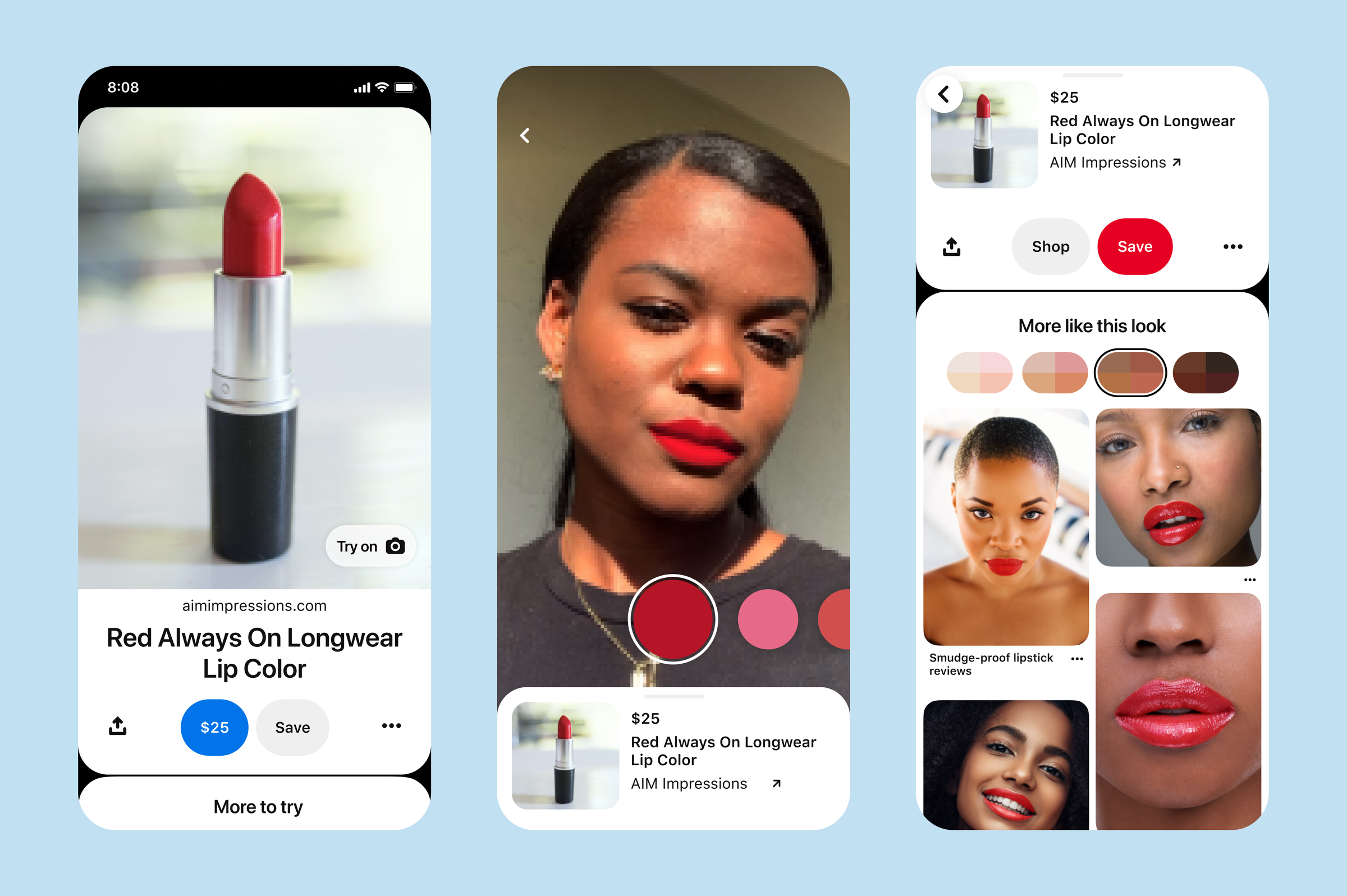 Pinterest’s Try On feature lets users try on lipstick shades in AR. 