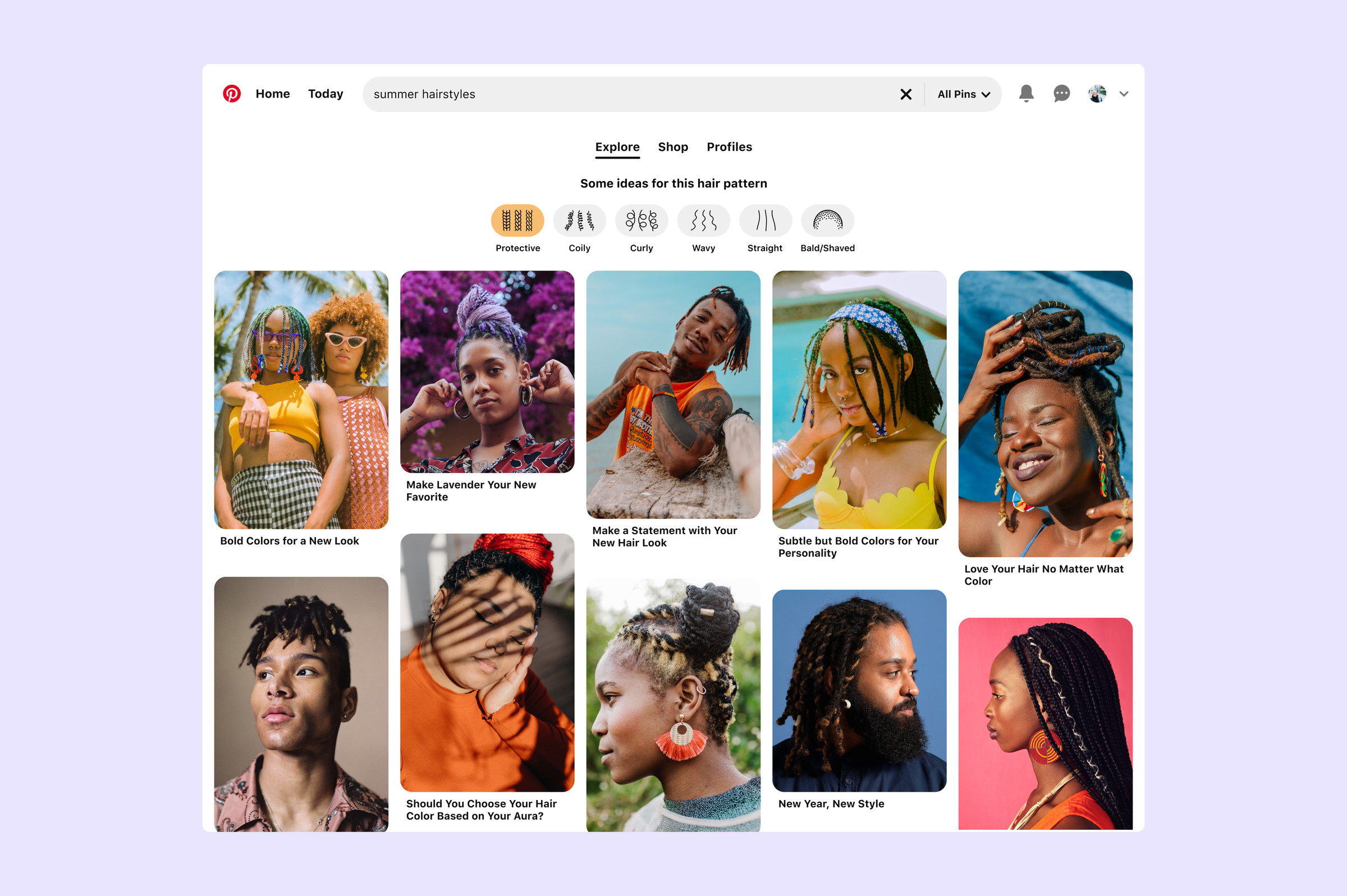 Screenshot of a Pinterest search for “summer hairstyles” showing filter options for protective, coily, curly, wavy, straight, and shave/ bald. Protective is selected, showing various pins of people with braids and twists.