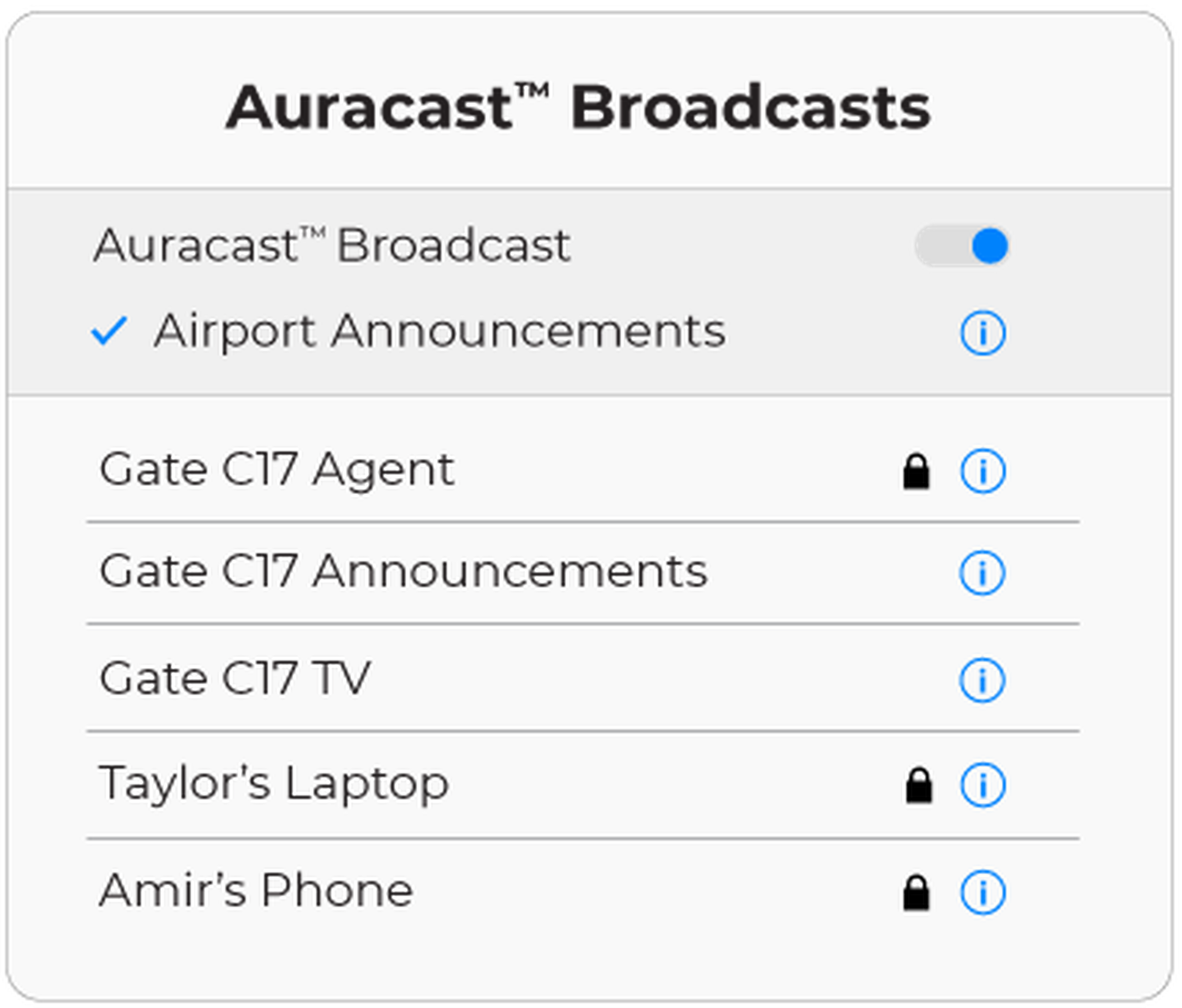 A mockup of how Auracast could let users pick an audio source like a Wi-Fi network.
