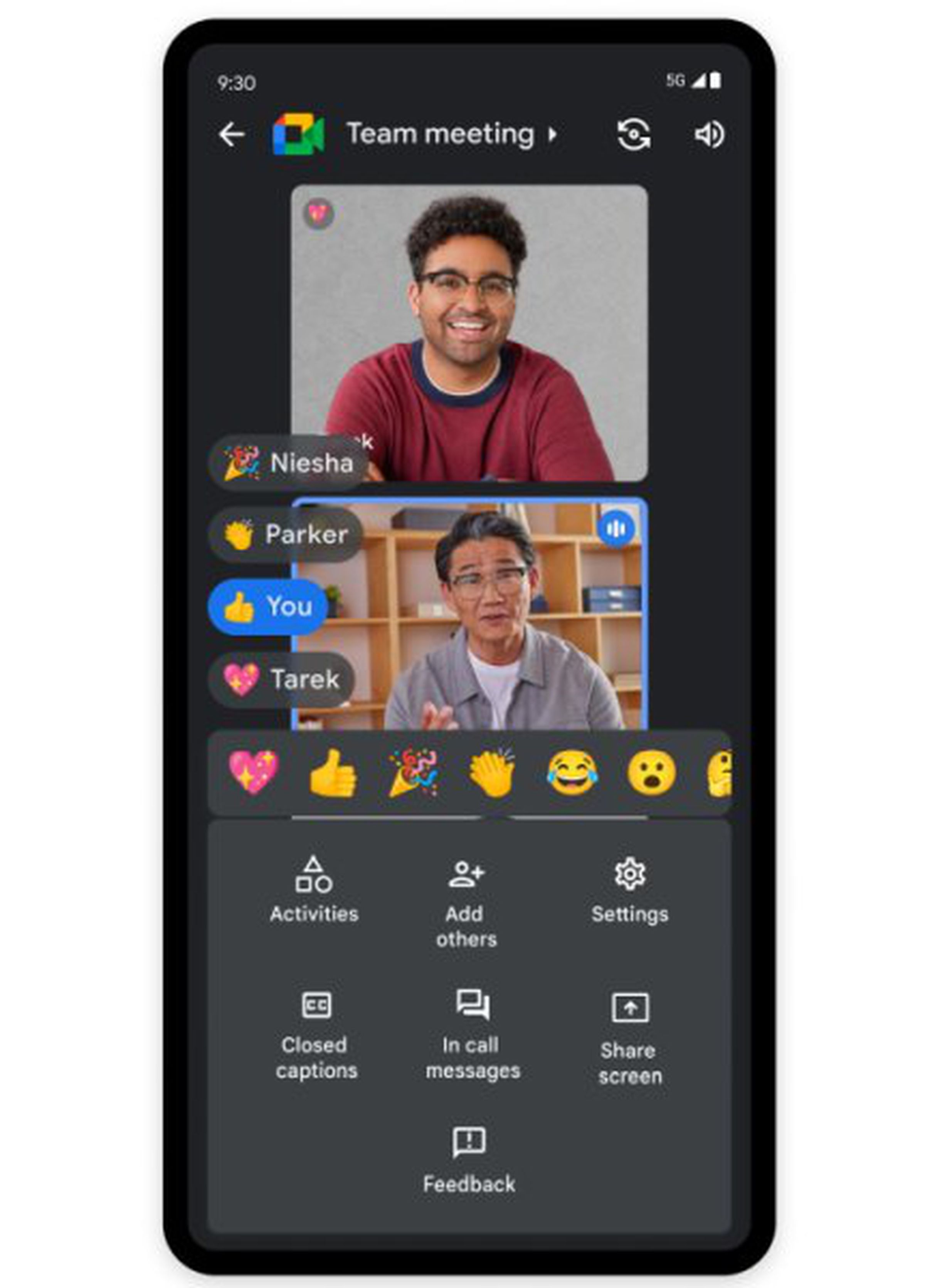 Picture shows a simulated phone screen with two people in a Google Meet video chat conversation, with several emoji reactions available to choose from including a thumbs up, sparkly heart, or clap.