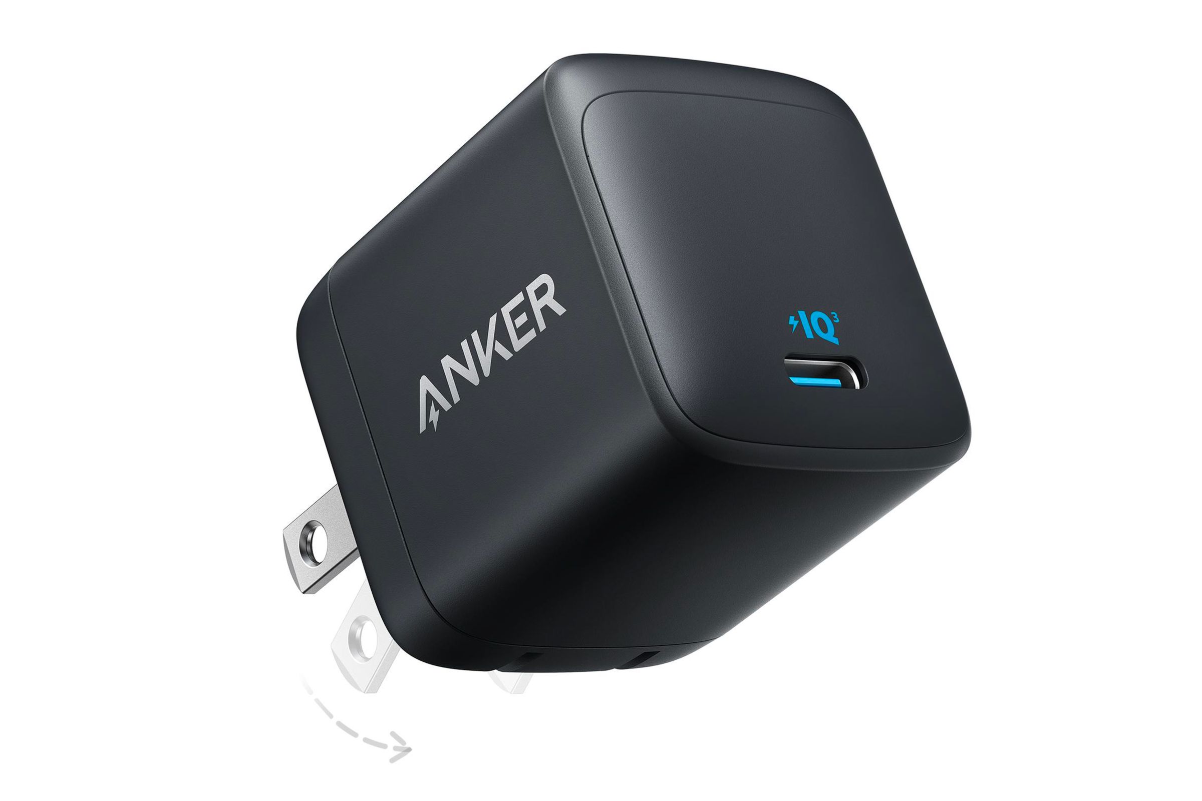 A black cube charger with the AC power blades flipping out, and Anker logo on the side, and a single USB-C port with a blue IQ3 logo above it.