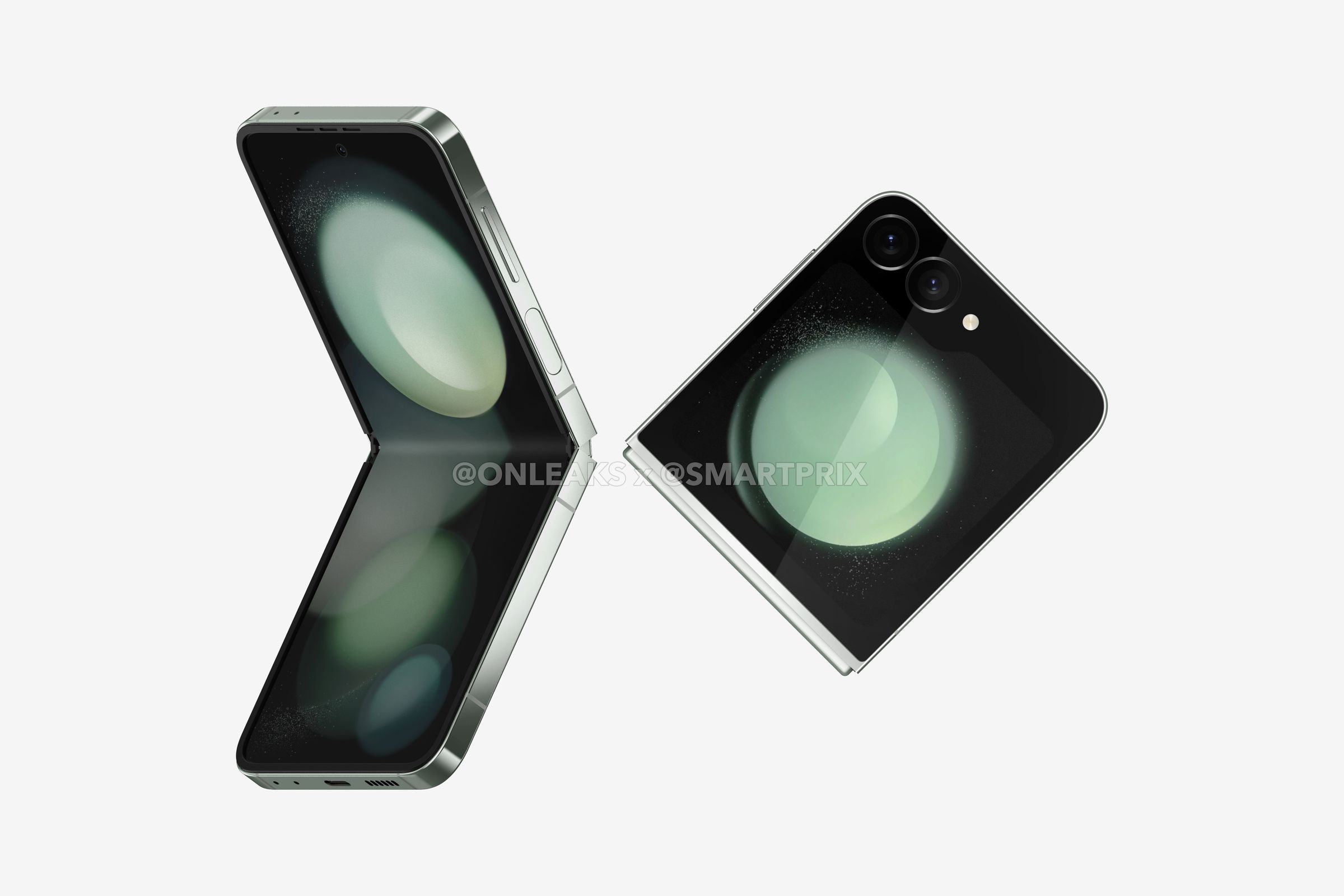 Two renders of the Z Flip 6, one folded and one half-folded.