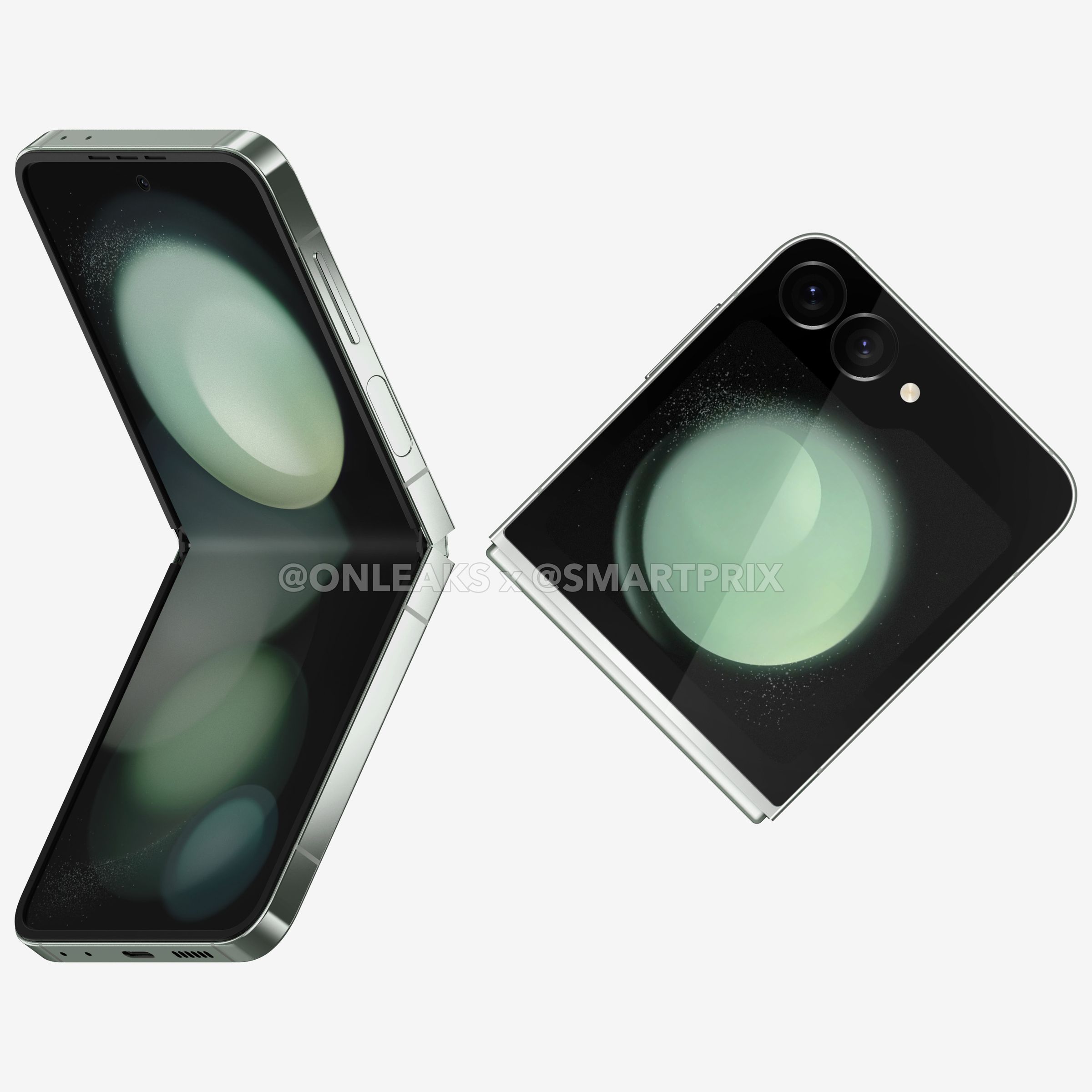 Two renders of the Z Flip 6, one folded and one half-folded.