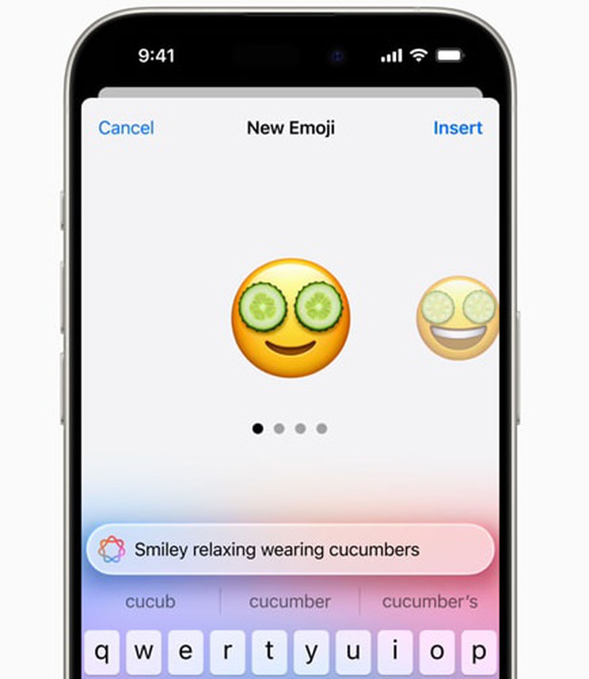 Picture of an iPhone with a genmoji smiley wearing cucumber slices on its eyes.