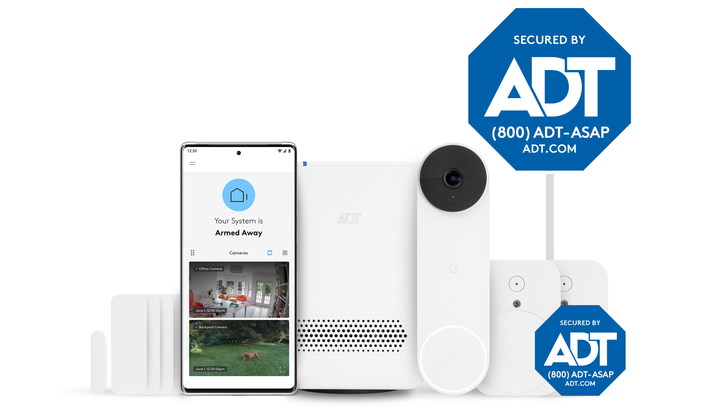 White security sensors lined up with a smartphone and Google Nest video doorbell.