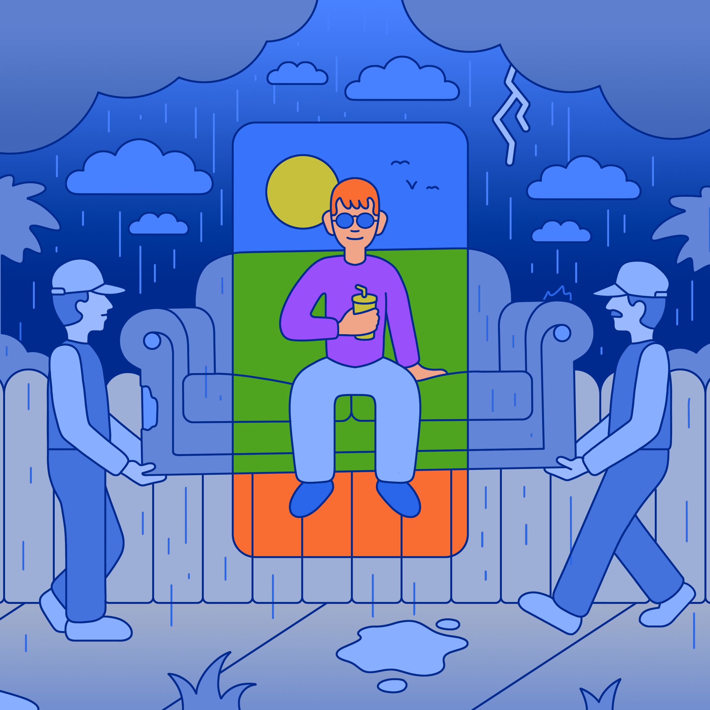Illustration of a person sitting on a couch in the outline of a phone overlayed on top of a scene of the couch being carried in a storm by two movers.