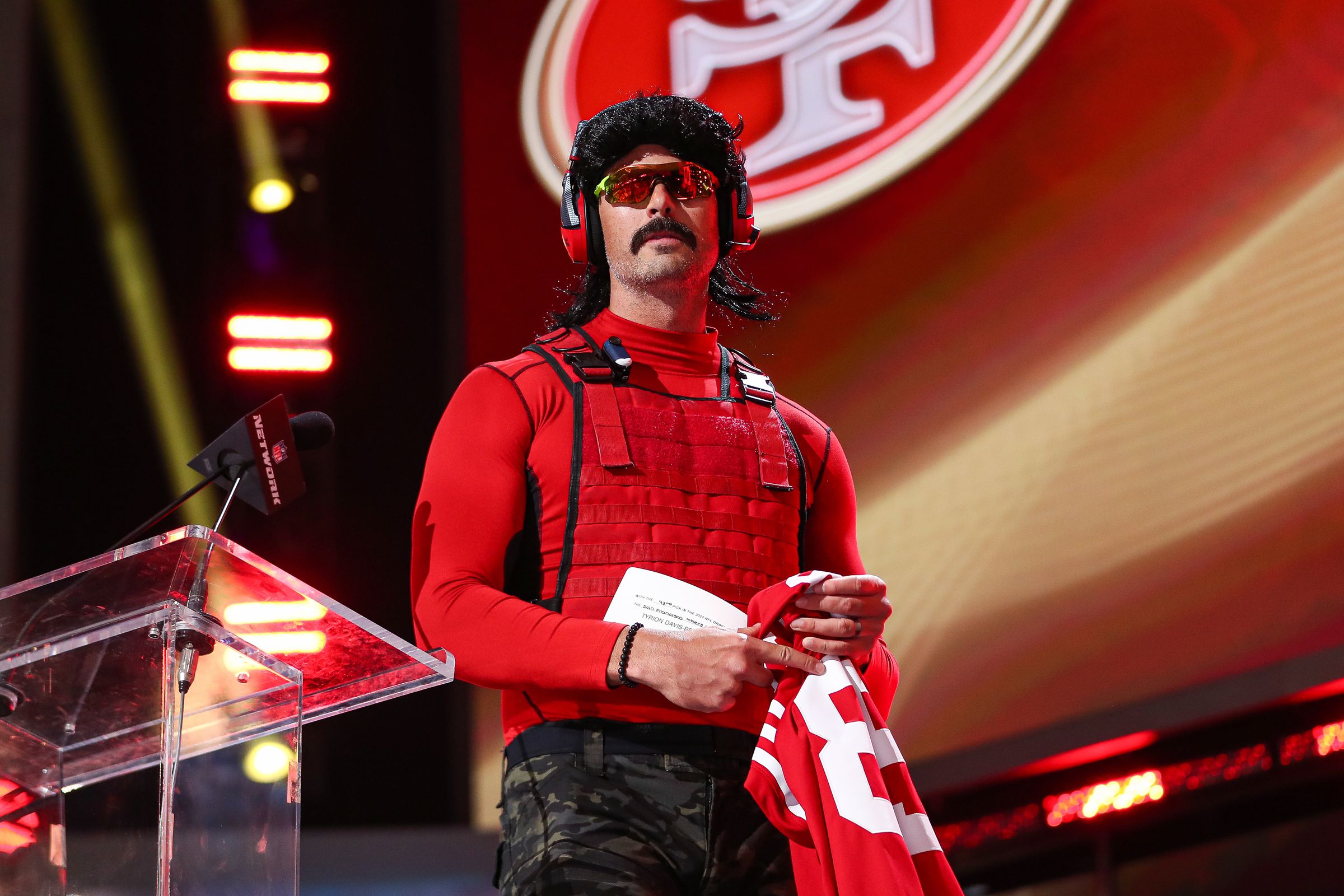 Video game streamer Dr. DisRespect presents on stage during round three of the 2022 NFL Draft on April 28th, 2022, in Las Vegas, Nevada.