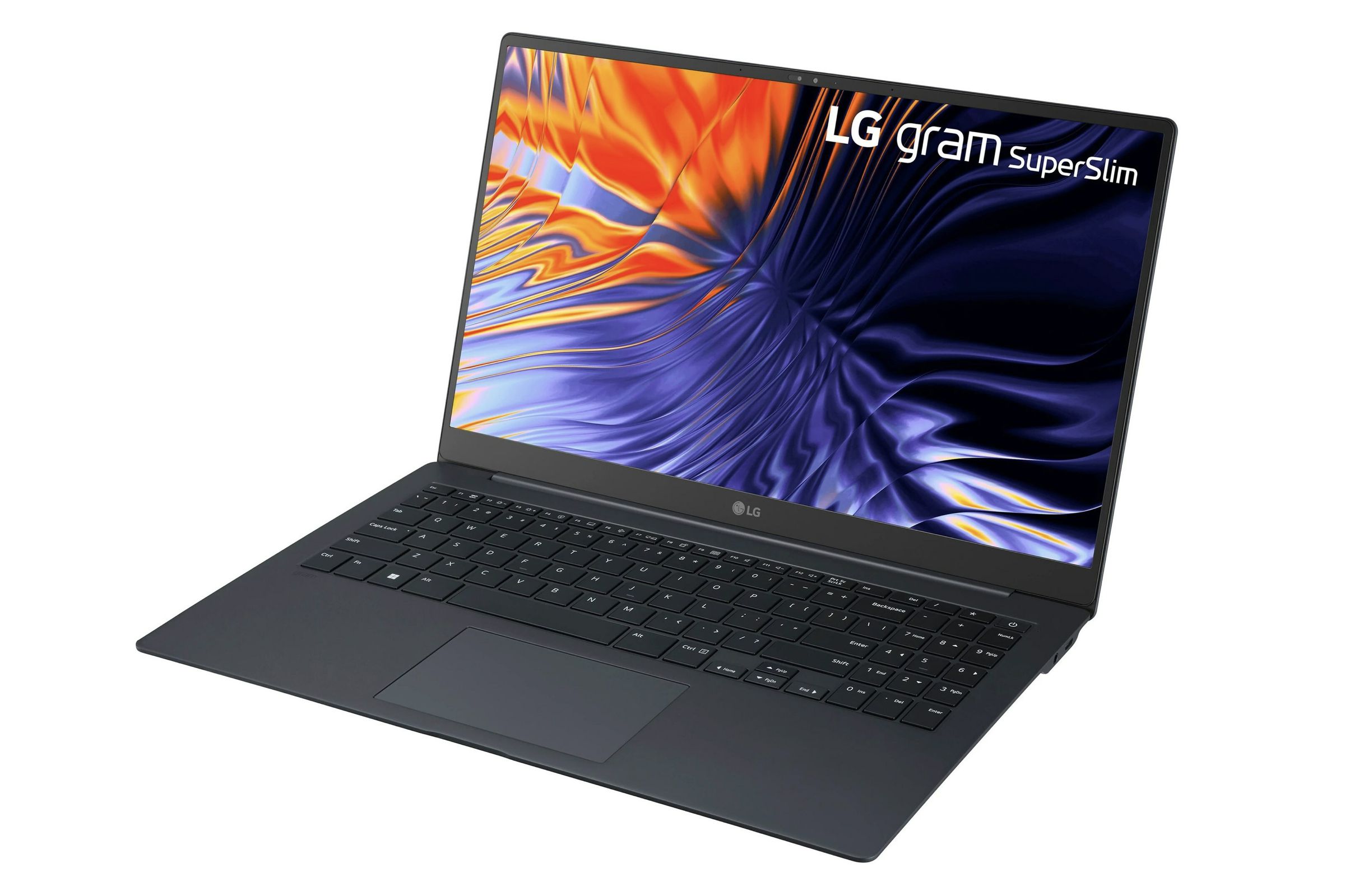 LG’s dark gray laptop on a white background with a water reflection wallpaper on the screen.