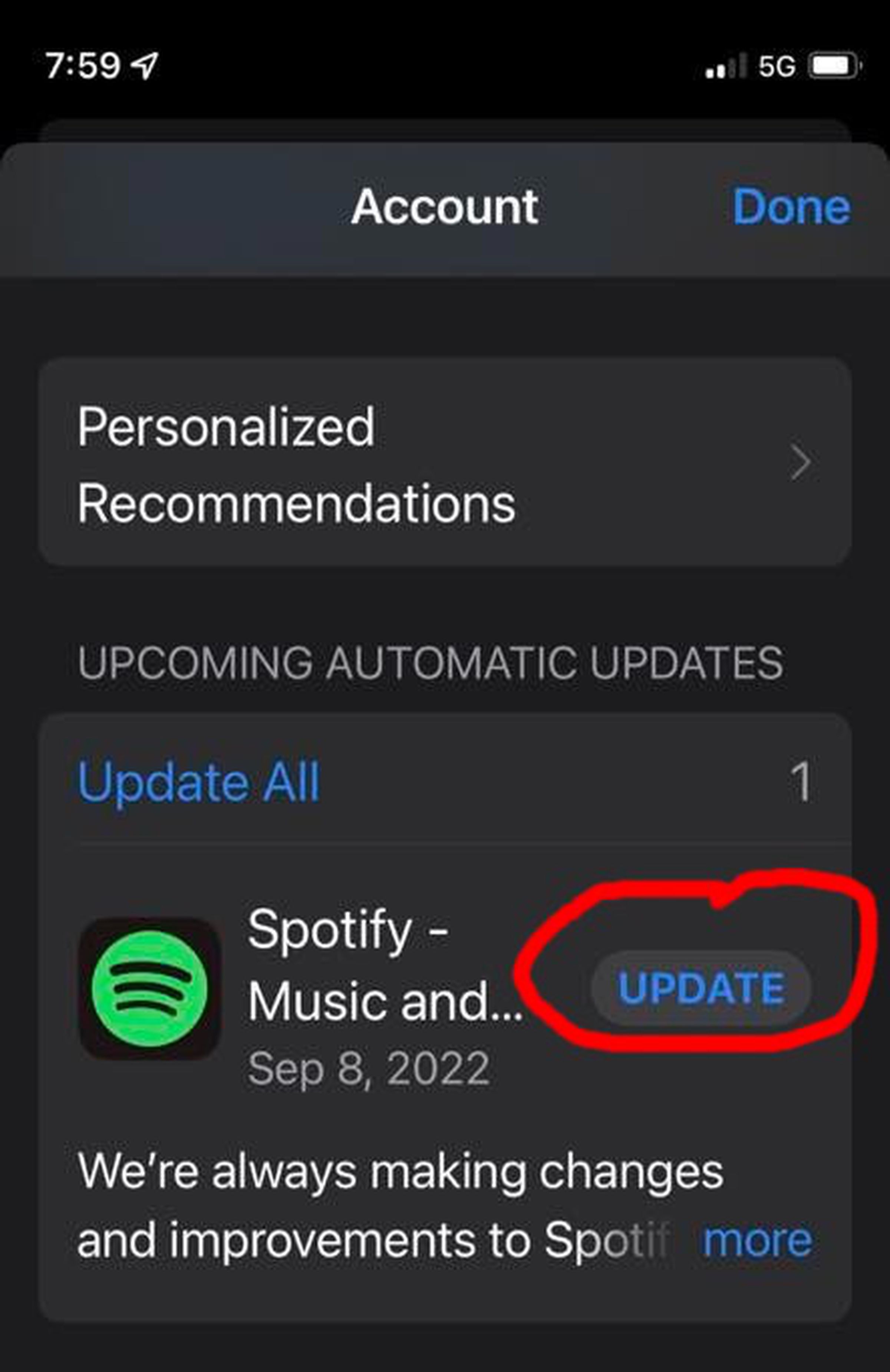 Select <strong>Update</strong> to update a specific app, like Spotify here.