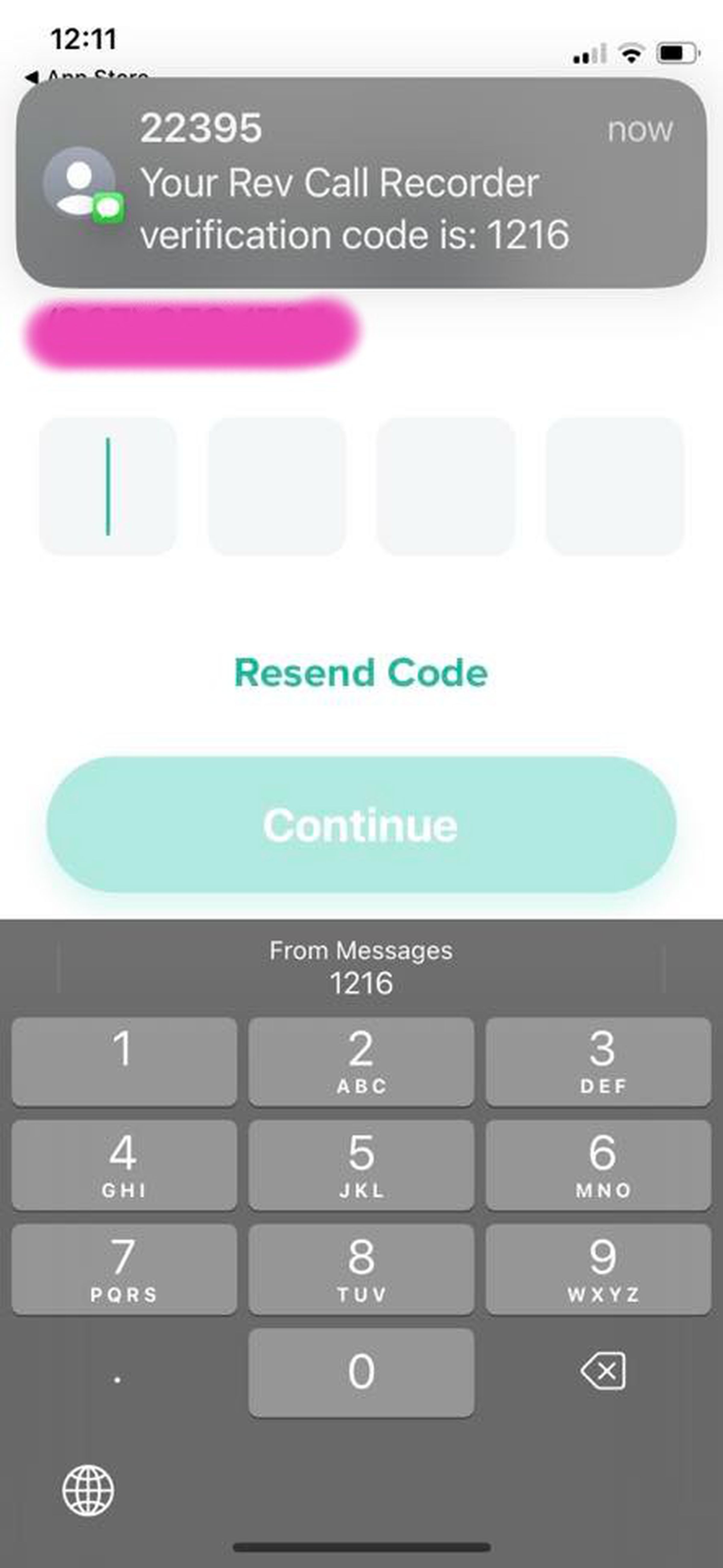 Rev Call Recorder app menu asking you to verify your number with the provided code they texted.