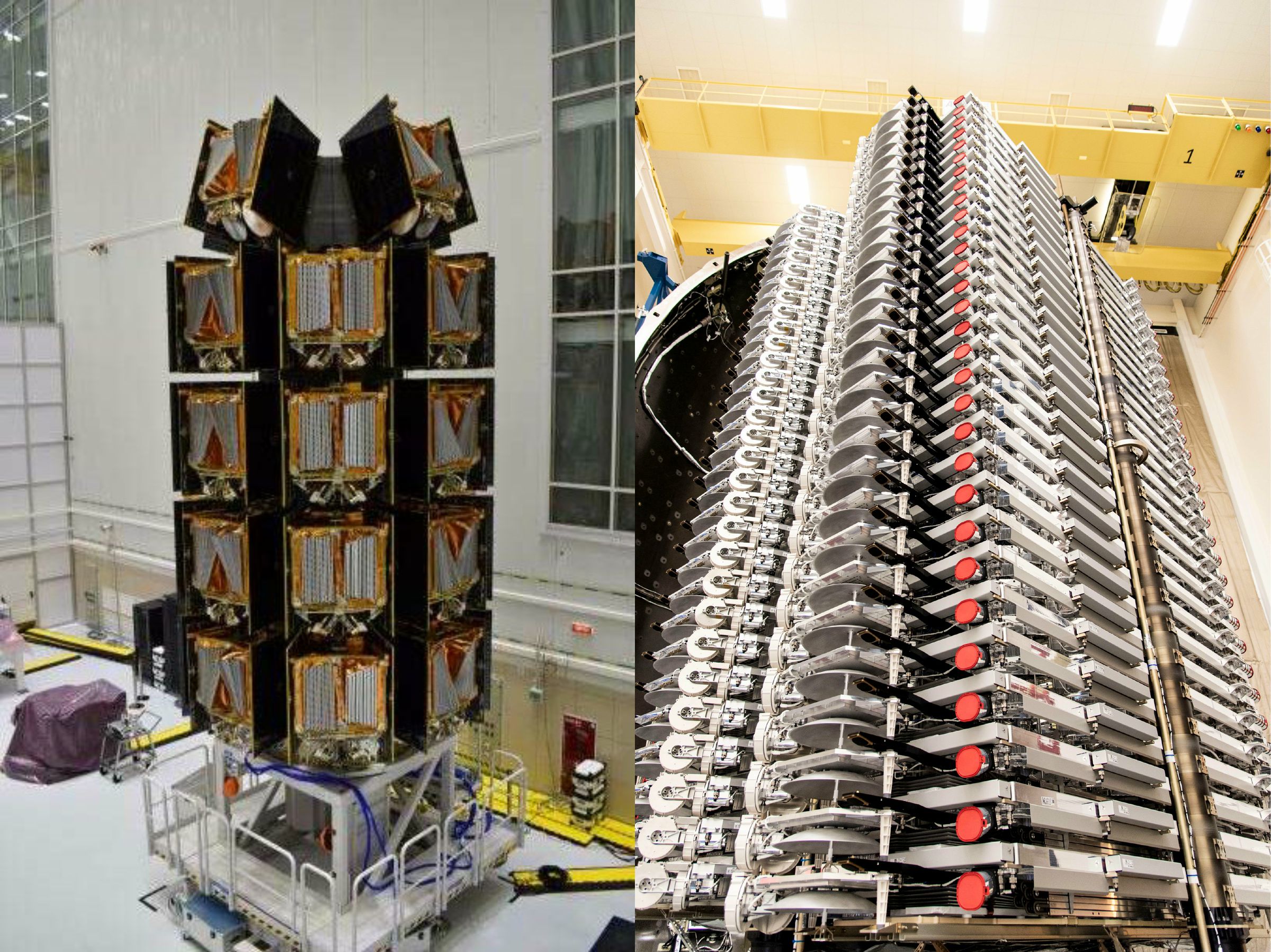 OneWeb satellites (left) launch in batches of 36. SpaceX’s Starlink satellites (right) launch in batches of 60.
