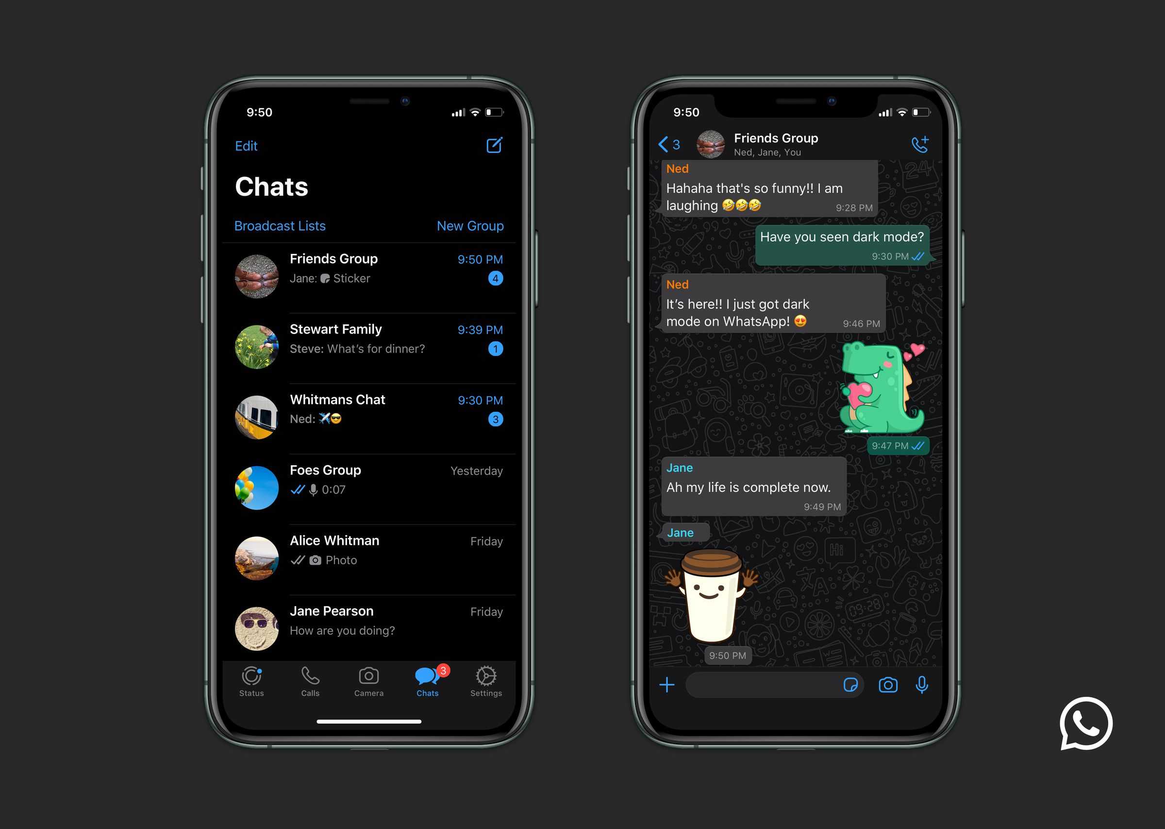 WhatsApp dark mode on iOS.