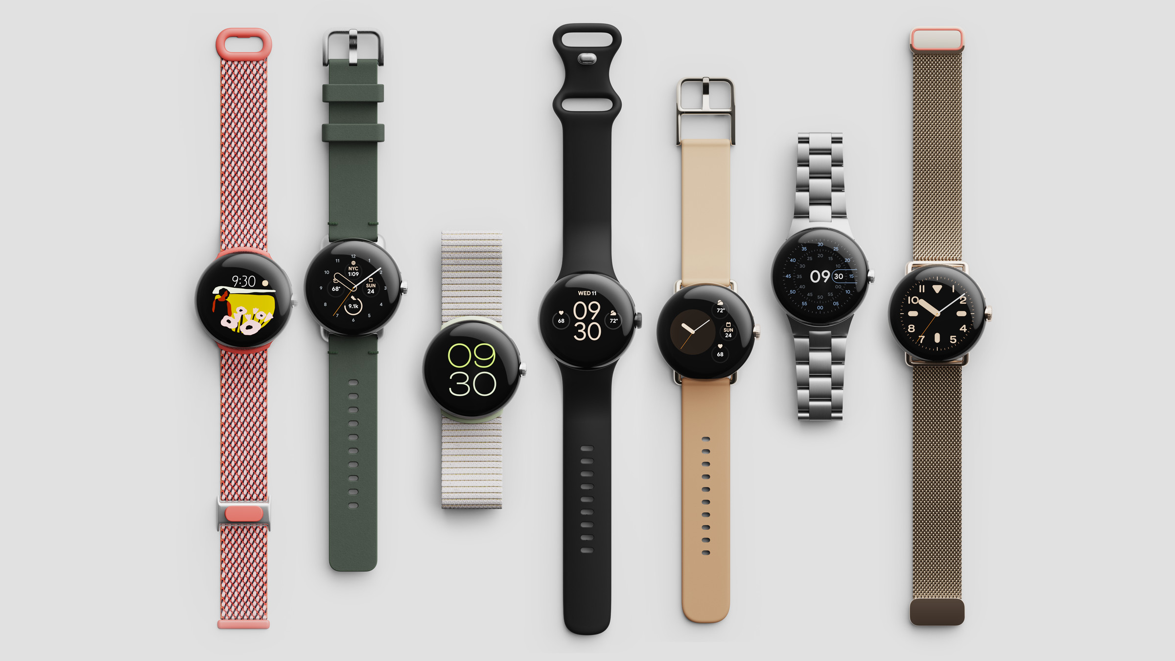 All the varieties of of Pixel Watch cases and bands side by side