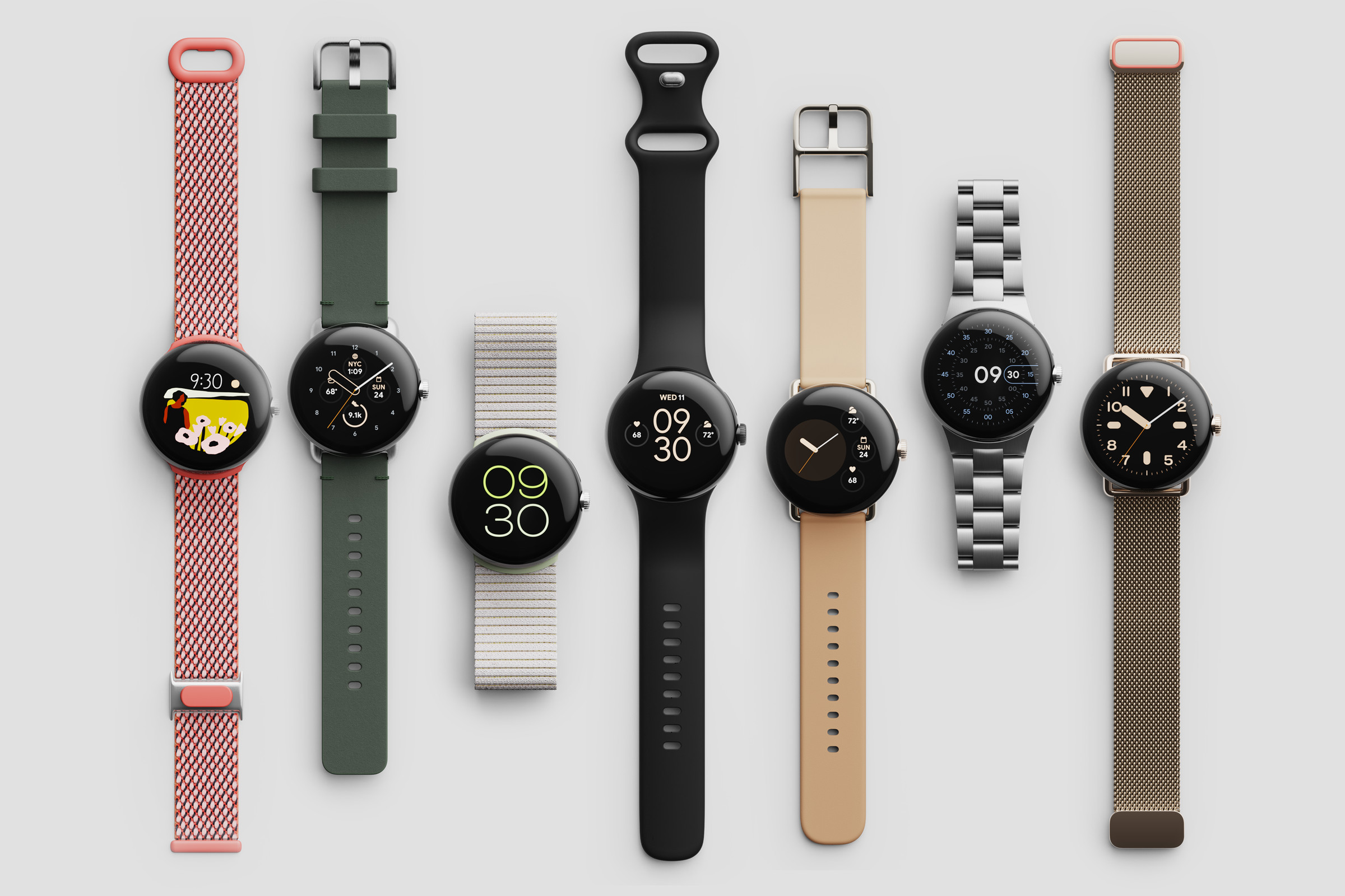 All the varieties of of Pixel Watch cases and bands side by side
