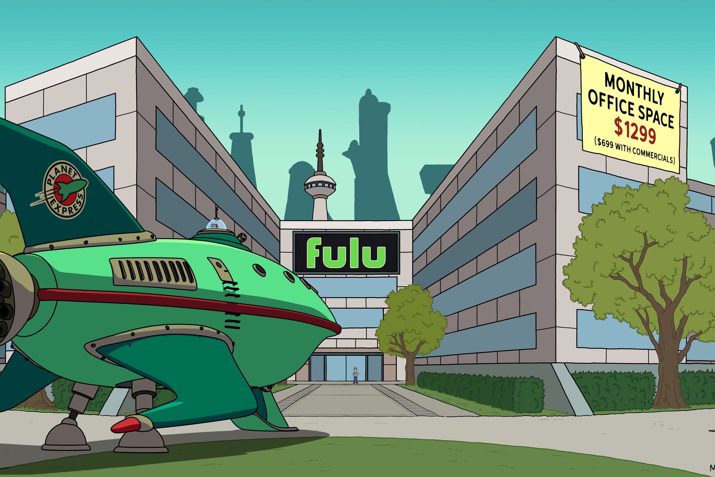 An image of the Planet Express ship sitting in front of Hulu’s offices, with a sign saying “Monthly office space $1299,” and below: “($699 with commercials).”