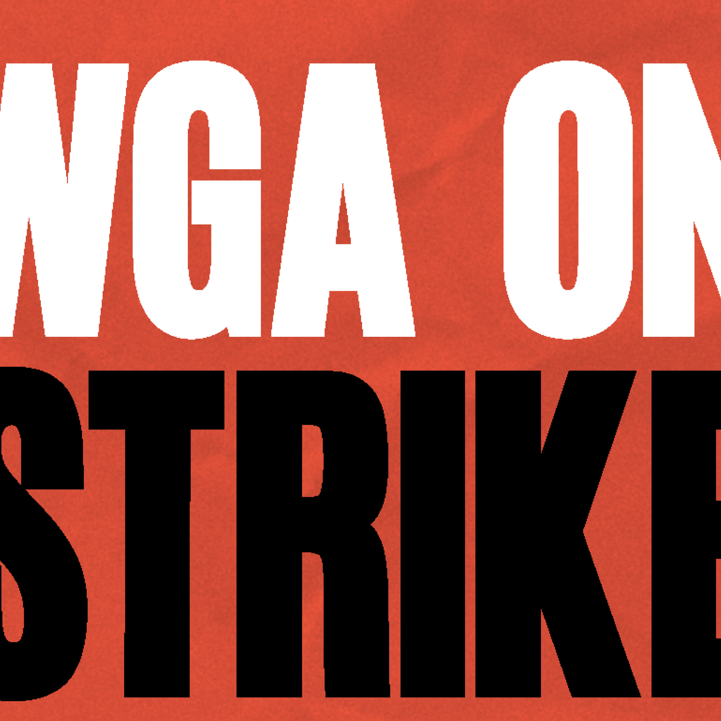 White and black text reading “WGA ON STRIKE” on a red background.