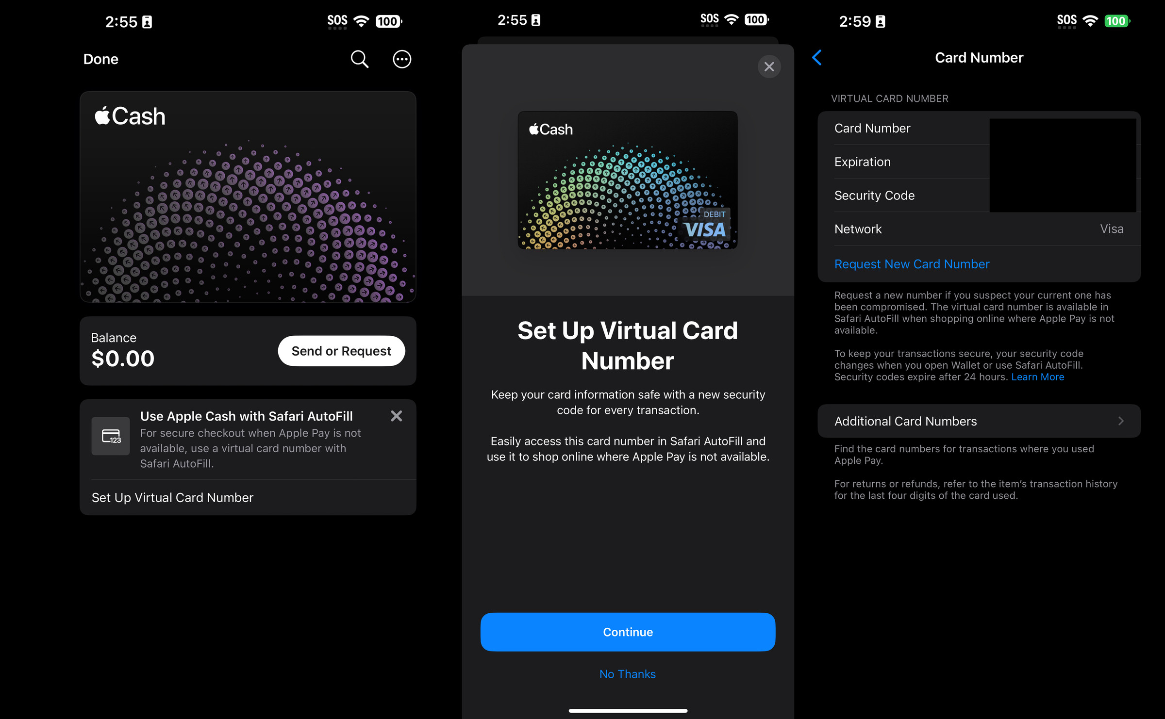 Три знімки екрана, що демонструють процес налаштування номера віртуальної картки Apple Cash.