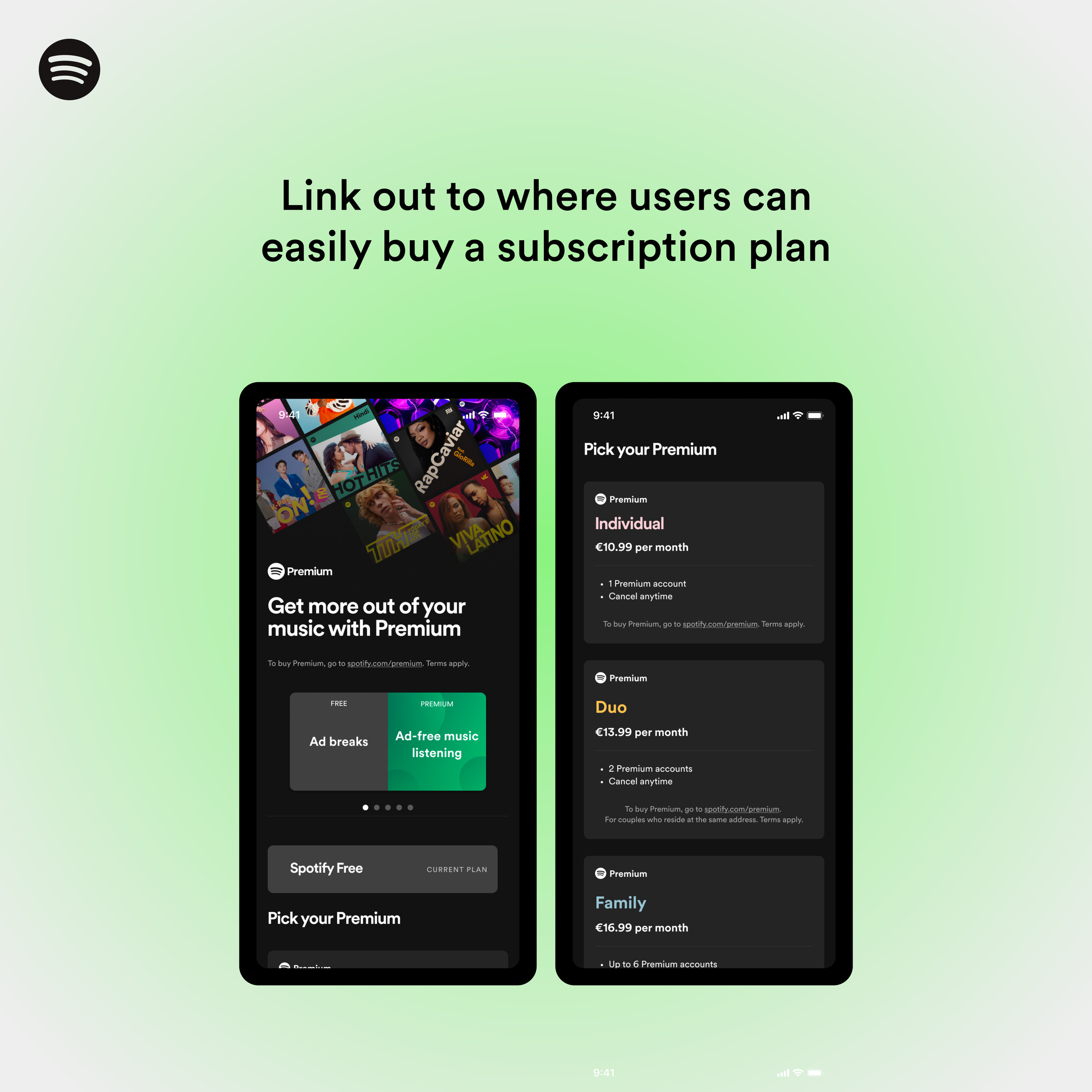 Spotify’s update includes pricing information and links to subscriptions.